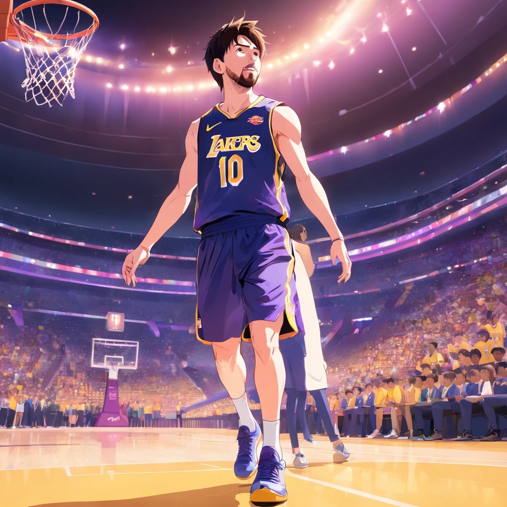 Lionel Messi jogando basquete vestindo uniforme do Los Angeles lakers