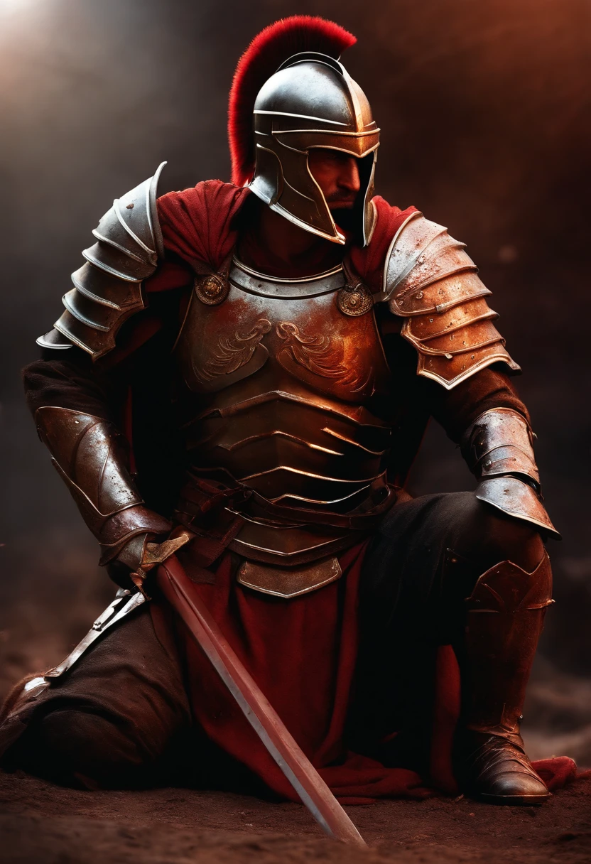 Spartan warrior, bloody armor, Fighting on the battlefield, On his knees, Facing the front, Exhausted from severe injuries