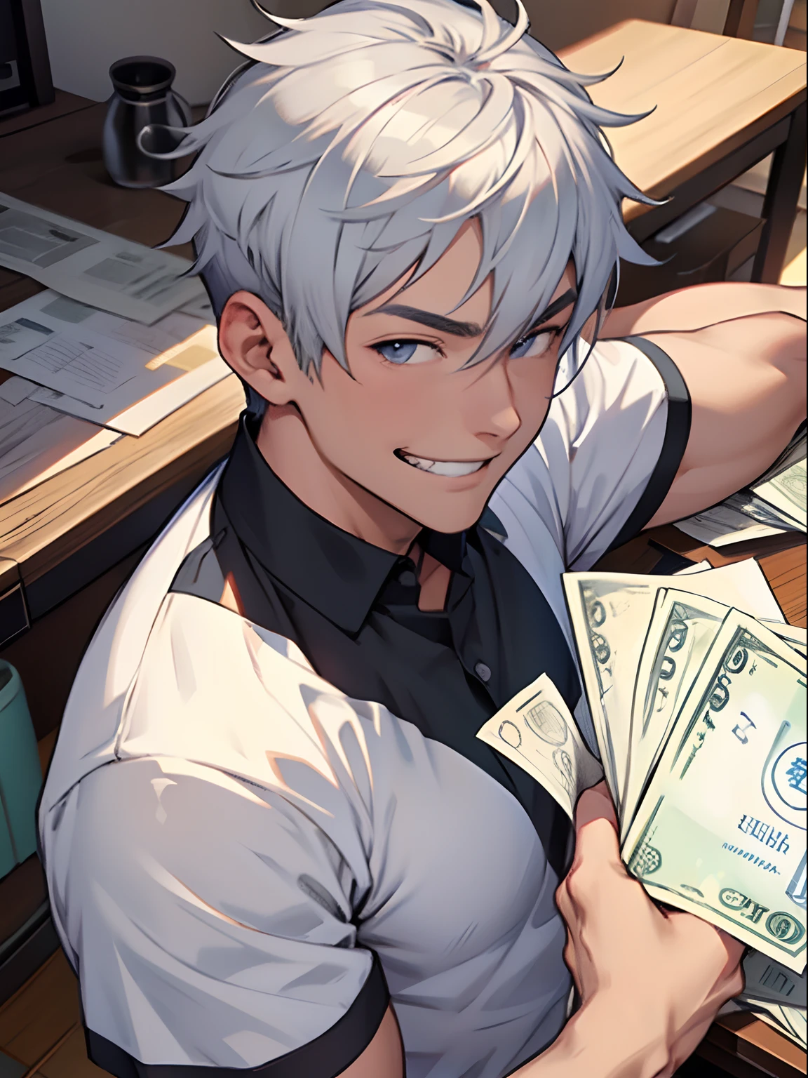 （1 man with short hair：1.5）。silber hair。white short sleeve。At home。Take the banknotes。grin。