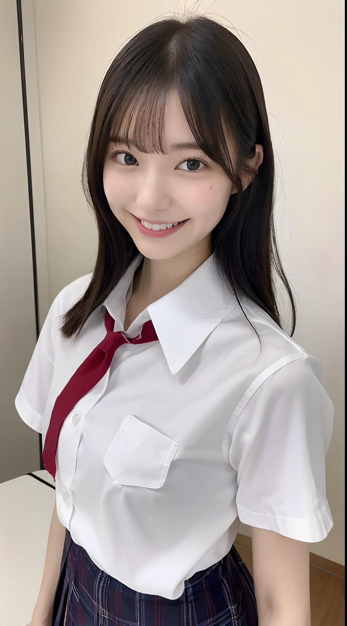 (Best Quality, 8K, 32K, masutepiece, nffsw:1.2),Hyper Detail Hair,Photo of Pretty Japanese girls,1girl in,18year old,japanaese girl,(年轻:1.5),School uniform,White shirt,(Shirt that opens the second button:1.2) ,Upper body,crass room,desk work,,((A smile:1.2))