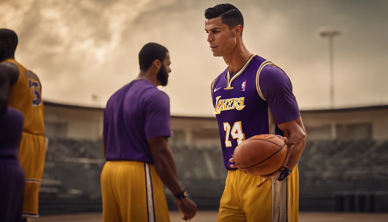 Cristiano Ronaldo jogando basquete vestindo uniforme do Los Angeles lakers