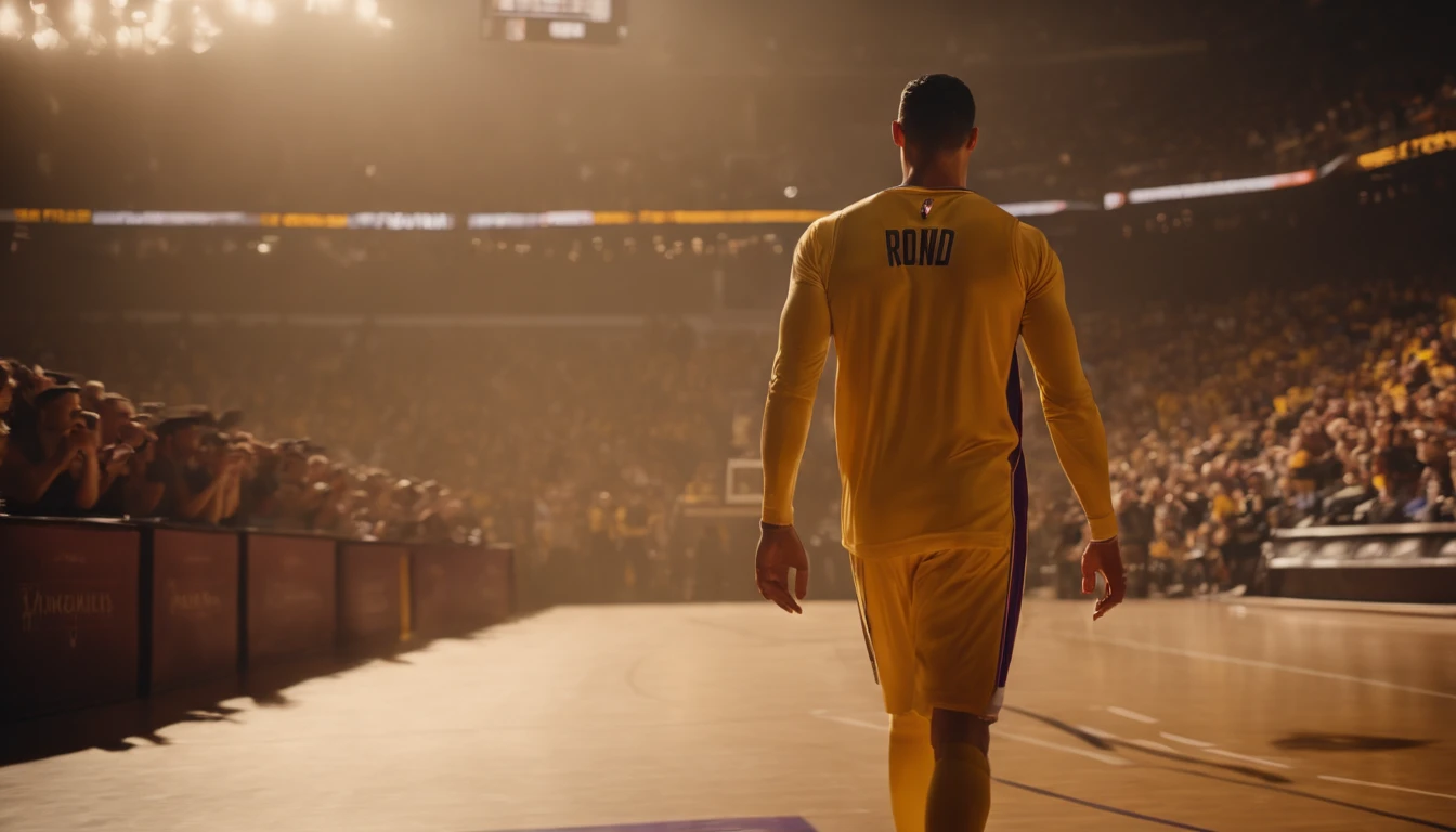 Cristiano Ronaldo jogando basquete vestindo uniforme do Los Angeles lakers
