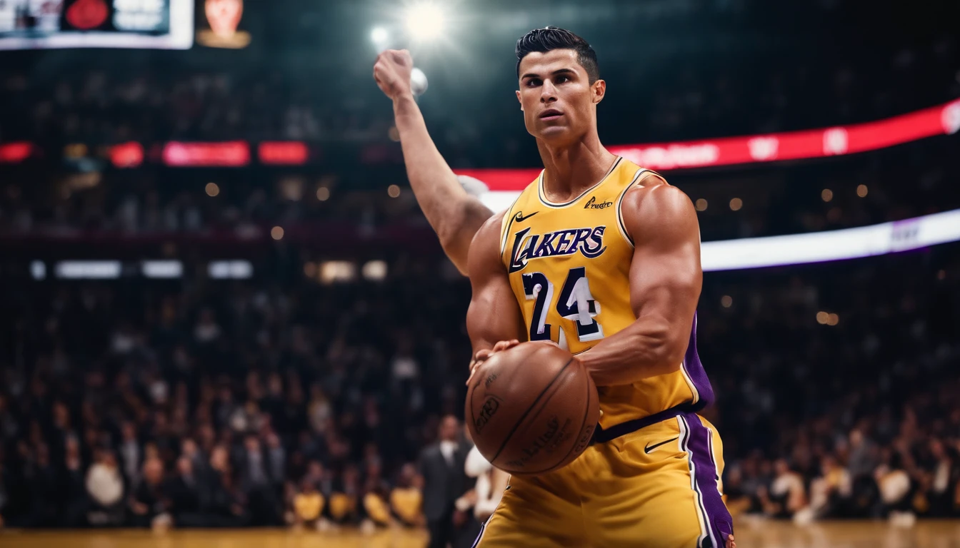 Cristiano Ronaldo jogando basquete vestindo uniforme do Los Angeles lakers
