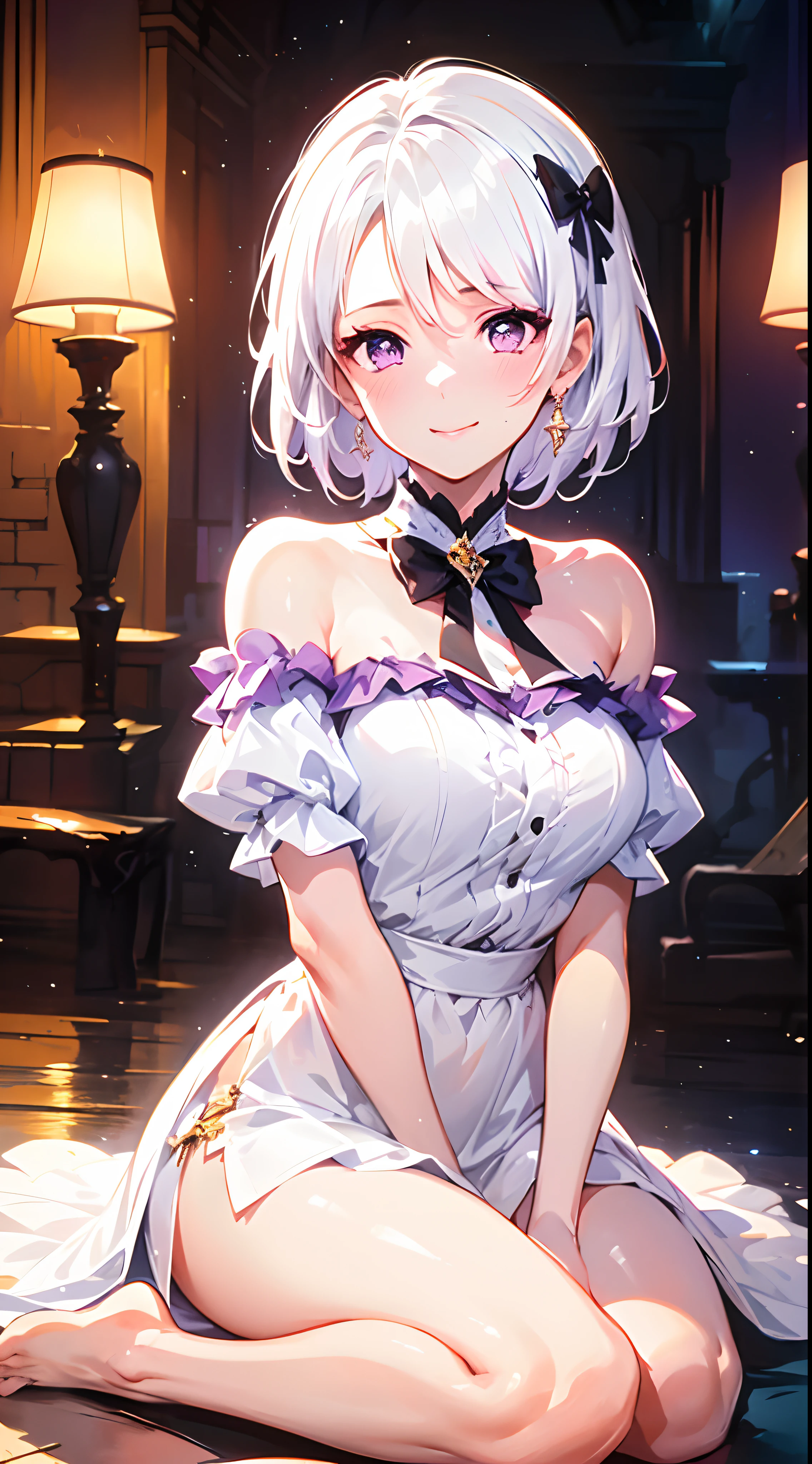 (Best quality), (black lace headveil),(((the Greatest masterpiece,))) (ultra detailed bust),intricately details,(Nature,cute face),(dynamic angles,)(beautiful aurora,lively breeze),(dynamic lighting),(blooming,synthetic wave), (reality: 0.7), solo,1 girl,Long eyelashes,watery eyes,reflected eyes,eyes shadow,light purple eyes,((one purple bow tie,)) (white off-the-shoulder shirt: 0.6),pointy_ears,((4k)),from the azur lane videogame,purple eyes, white dress, white haired deity,floating hair,((elegant and conservative cloth)),seductive smile