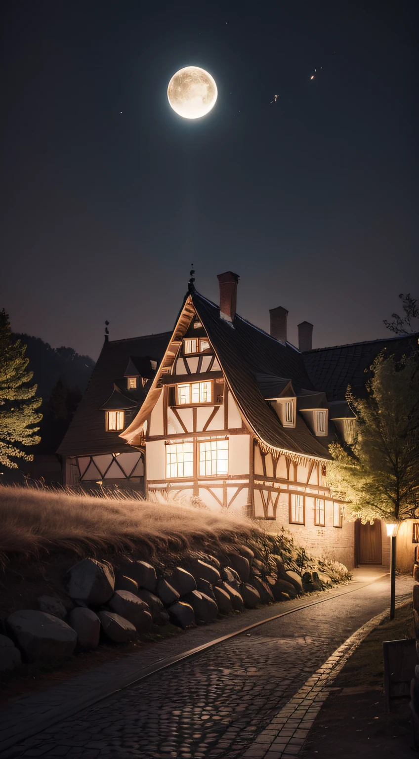 Bauernhof, Hintergrund Mond, Der Mond ist weit weg, at night