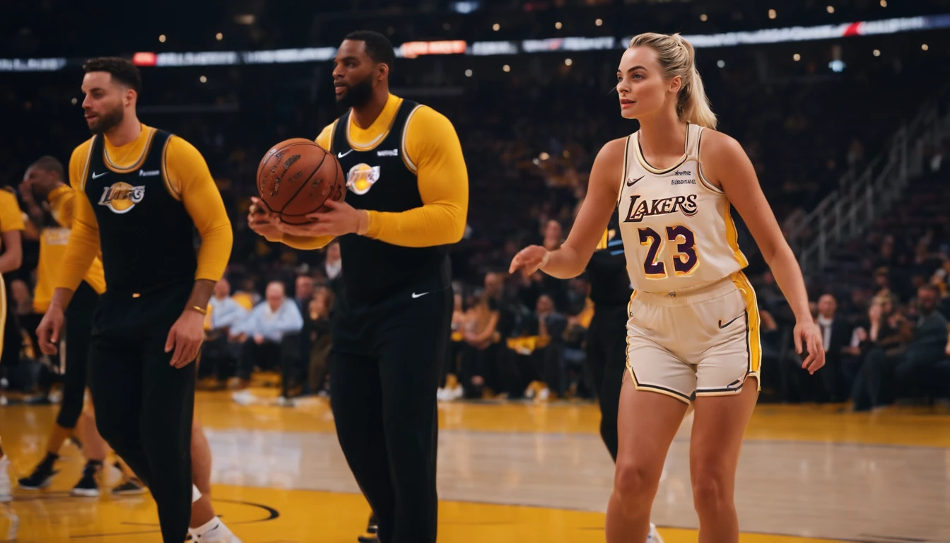 Margot Robbie jogando basquete vestindo uniforme do Los Angeles lakers