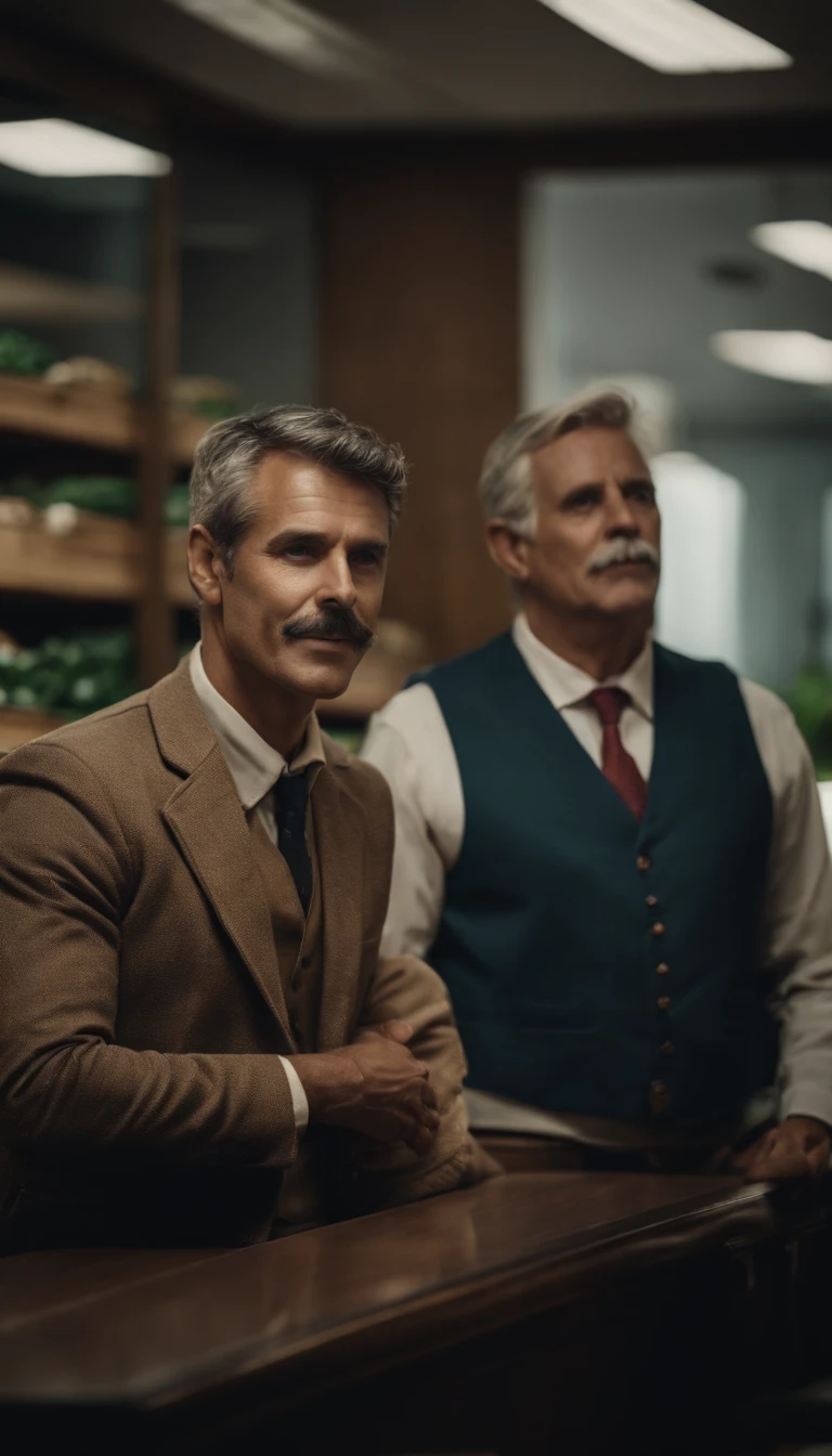 um homem com roupas de agricultor, in a bank branch