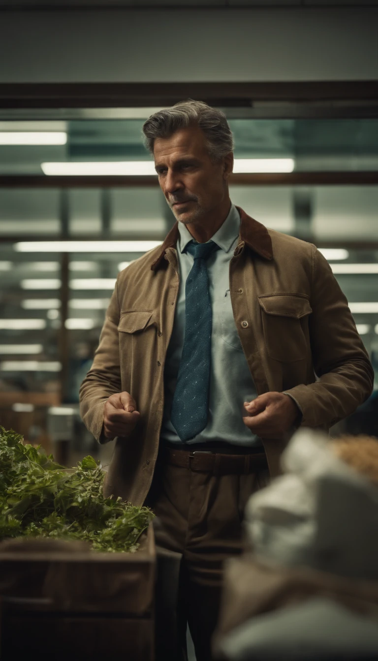 um homem com roupas de agricultor, in a bank branch