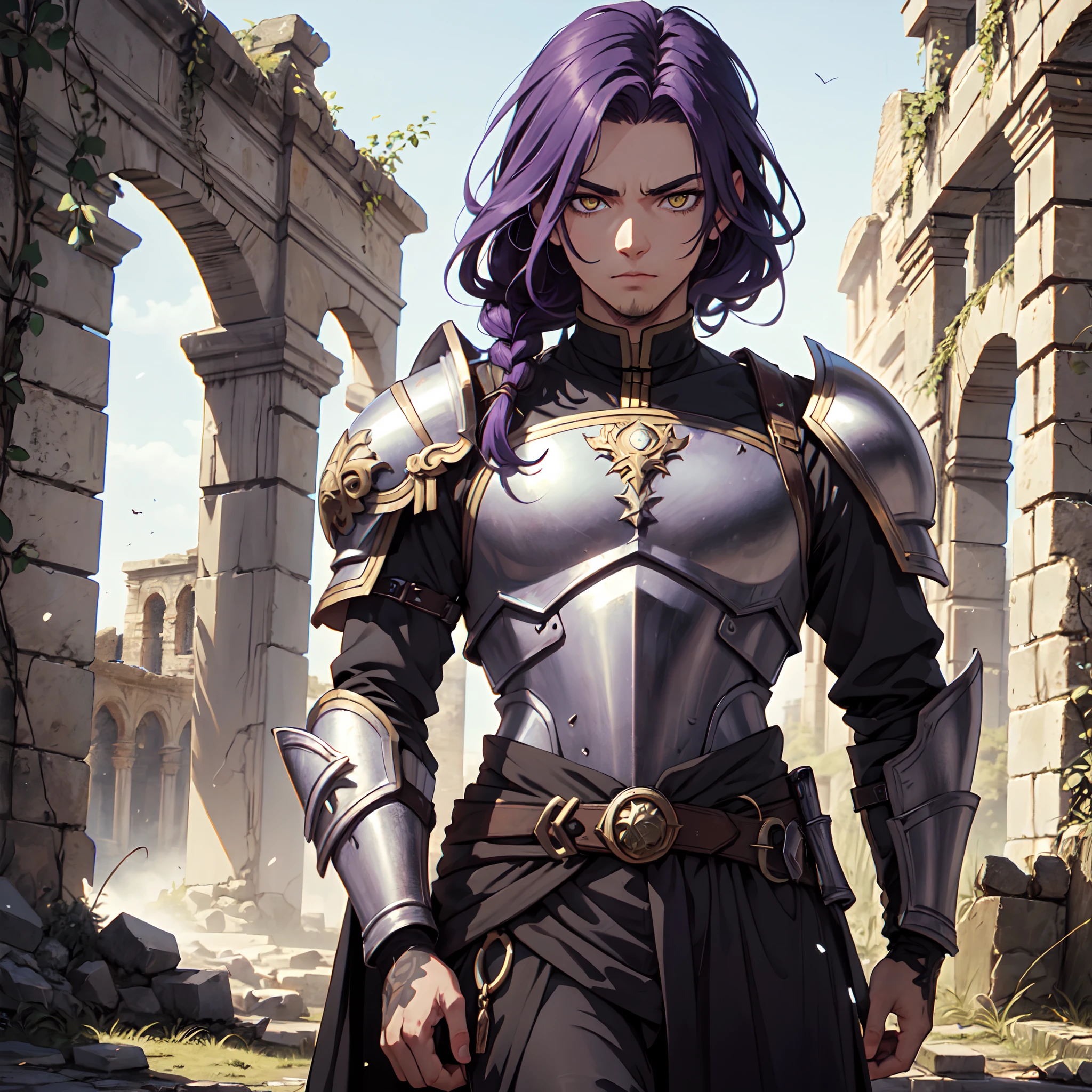 Ultra High Definition,
Ultra High Quality,
Hyper Definition,
Hyper Quality,
Hyper Detailed,
Extremely Detailed,
Perfectly Detailed,
8k,
1 Boy,
Long Purple Hair,
Under Cut Hairstyle,
Solid Yellow Eyes,
Handsome,
Armored With Roman Emperor Armor,
Ancient Roman Empire Ruins Background,