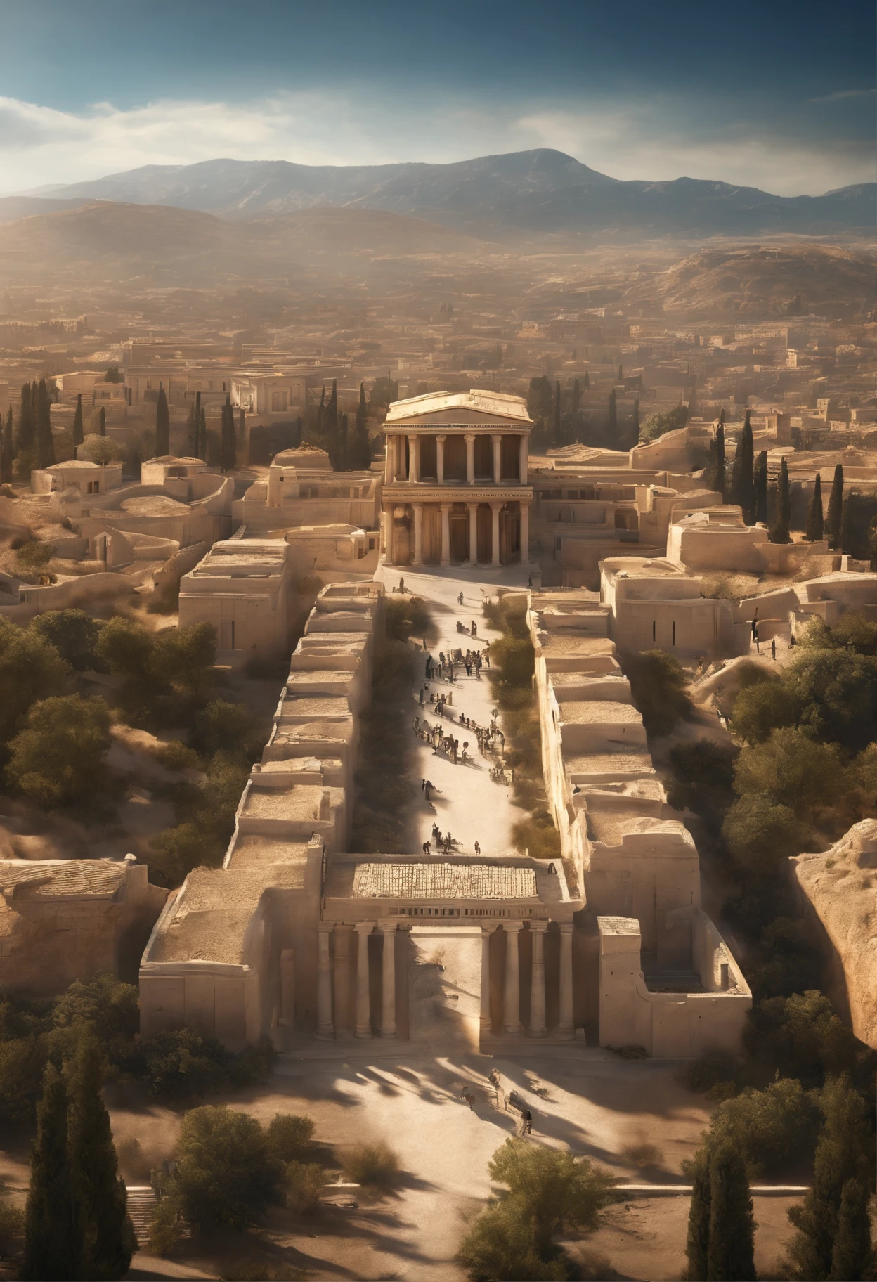 An impressive view of the Spartan city,highlighting the absence of walls due to the Spartans' reputation for invulnerability,(best quality,4k,8k,highres,masterpiece:1.2),ultra-detailed,(realistic,photorealistic,photo-realistic:1.37),Greek architecture,Greek columns,famous Thermopylae battlefield,Spacious open cityscape,spartan warriors training,bronze statues of Spartan warriors,torch-lit streets,blue sky,bustling market full of colorful goods,vivid colors,sharp focus,professional,dramatic lighting,ancient Greek ruins,clear and crisp details,intense atmosphere,panoramic view of the city,grandeur and majesty of the city,contrasting elements of strength and vulnerability.