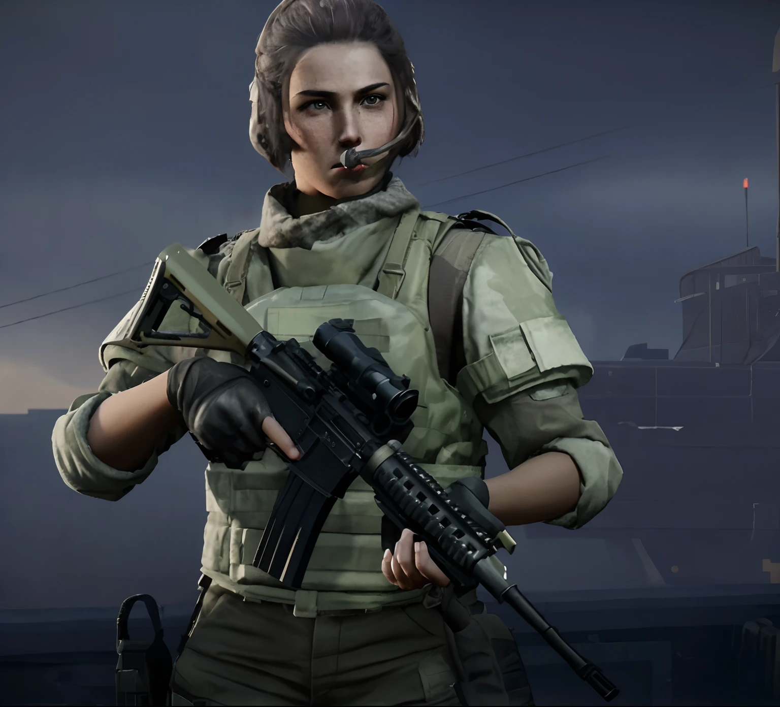 Female soldier with rifle in dark city, heroines, infantry girls, Female character, holding pdw, solo female character, portrait of a female ranger, portrait of a female soldier, （Tarkov）, unreal engine character art, soldier outfit, smug look, SMG, 2020 video game screenshot, soldier girl