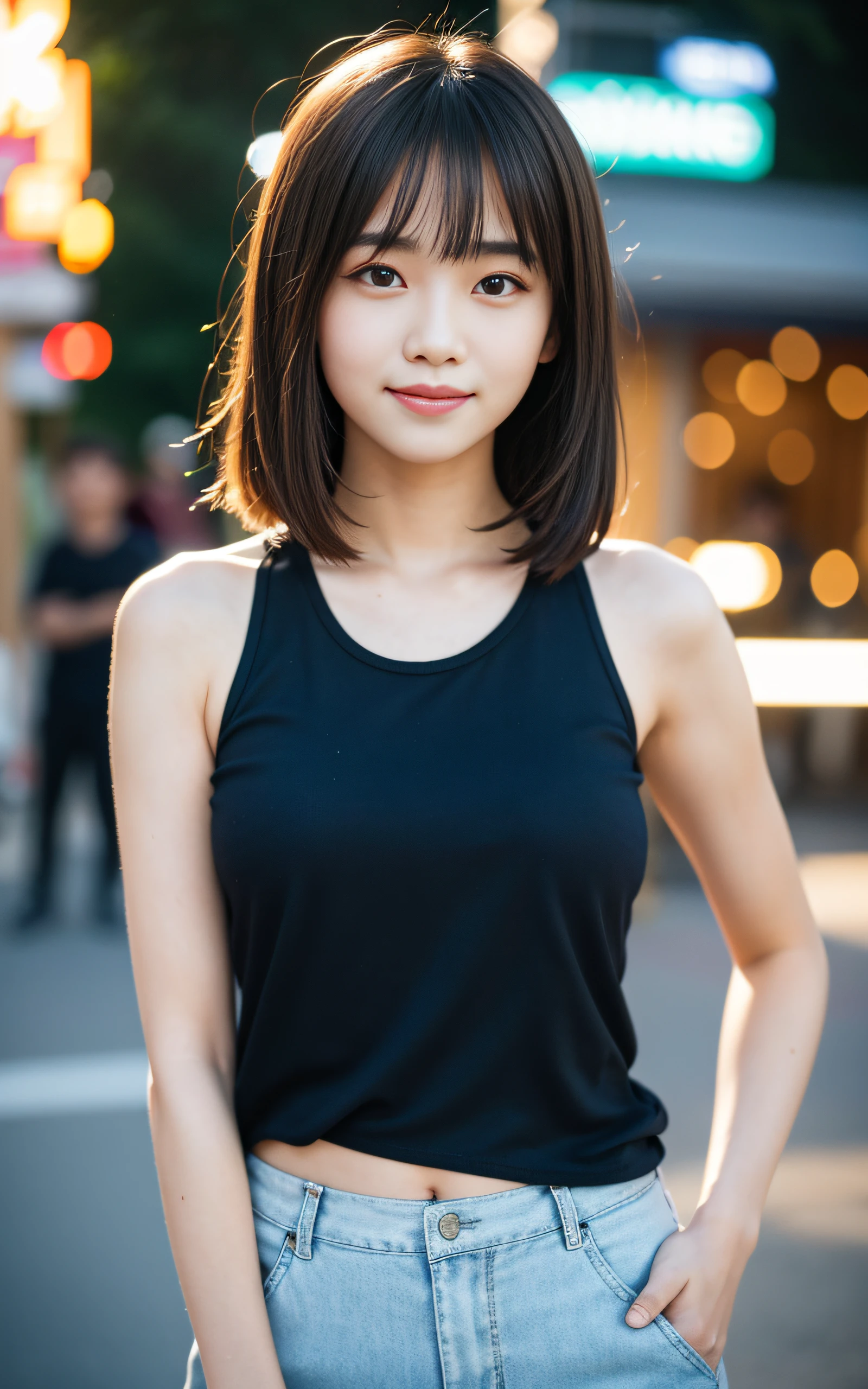 masterpiece, Best Quality, 8K, 1girl, good hand,  yo, lively, active, life force, luminescence, Looking away, Raw photo, F/1.8, 135 mm, NIKON, Anatomically correct, bokeh，Textured skin, Professional Photography, Portrait, Soft light, Professional Lighting, Solo, (Smile), Cute, Girly, Film grain, (Eyes and faces with detailed:1.0), 8k wallpaper, bangs, Tank top, pants, amusement park