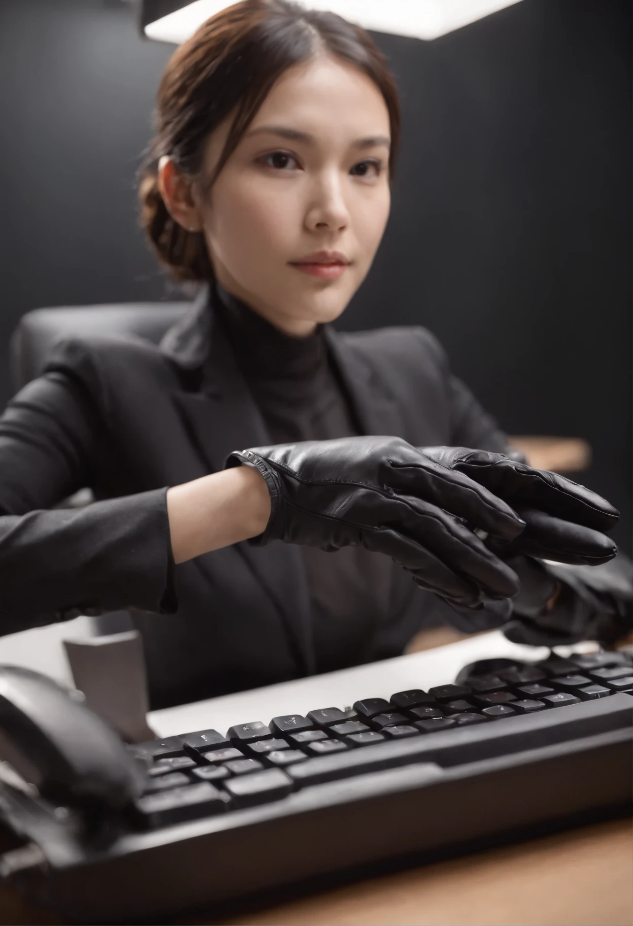 Wearing black leather gloves in both hands, upper body, black business suit, facing the desk in my room with a computer in the dark, tapping the keys of the computer keyboard with the fingertips of black leather gloves while looking at the screen, black hair bundled in the back for a long time, Japanese female new employee (black leather gloves cover both hands) (angle is in the front)