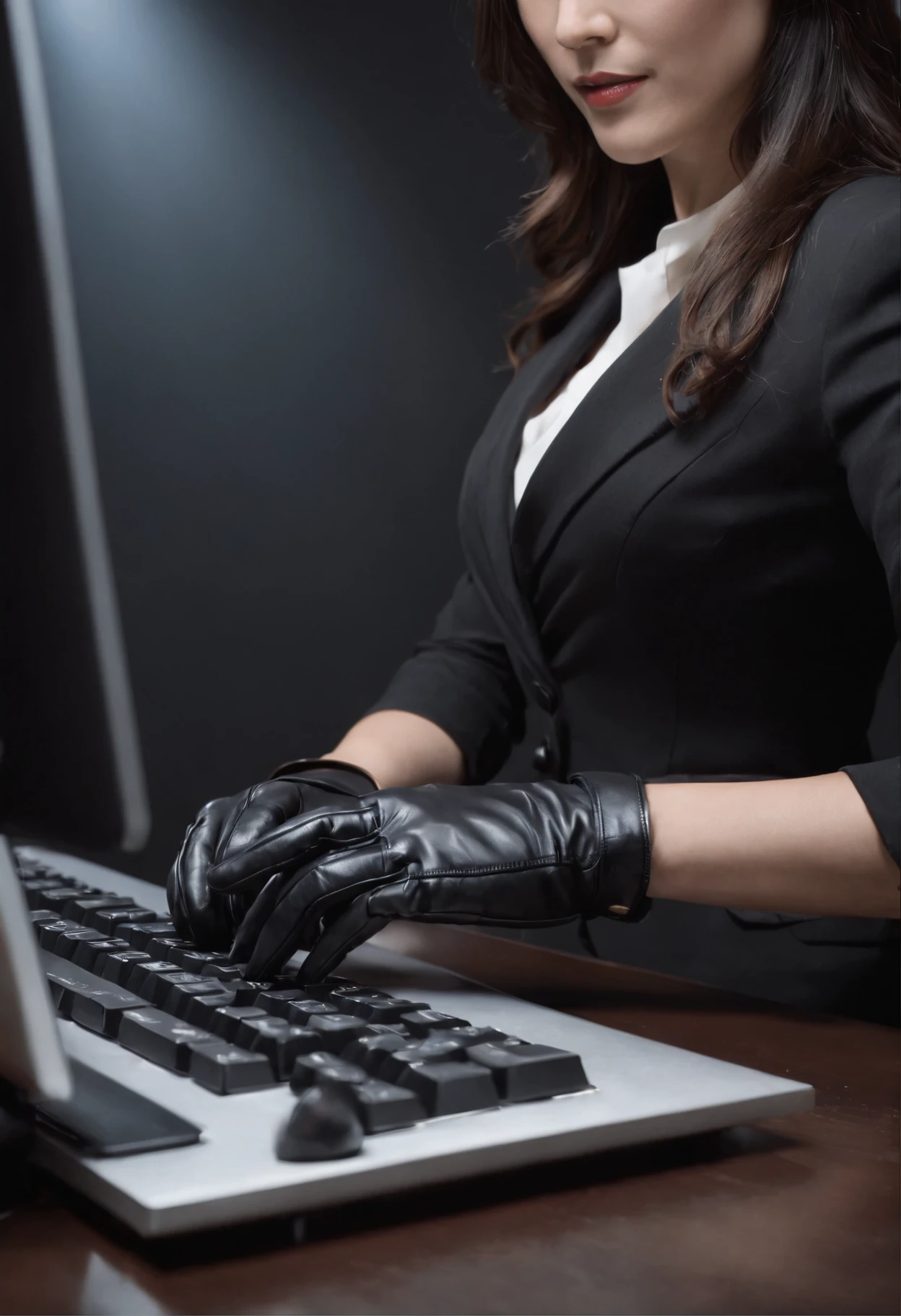 Wearing black leather gloves in both hands, upper body, black business suit, facing the desk in my room with a computer in the dark, tapping the keys of the computer keyboard with the fingertips of black leather gloves while looking at the screen, black hair bundled in the back for a long time, Japanese female new employee (black leather gloves cover both hands) (angle is in the front)