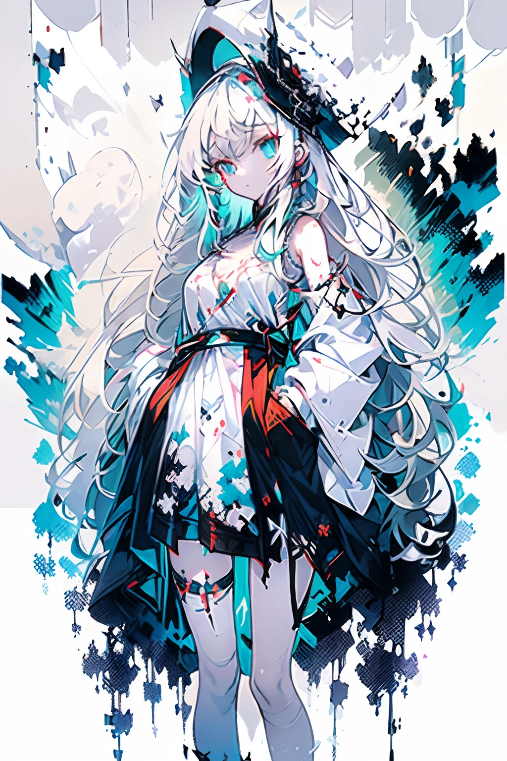 white hair, messy hair, long hair, (expressive eyes, green eyes, glowing eyes),[(white background:1.9)::0.9], [(transparent background:1.3)::5],Witch hat,
\\
masterpiece,best quality,flat color,offical art,white theme,(ultra-detailed),(illustration),ink and wash painting,blue eyes,cold face,looking_at_viewer,1 girl,solo,[(white hair:1.2):(blue hair:1.2):0.5],long hair,wavy hair,bare shoulder,((cold expression)),black chinese dress,black skirt,cute face,white stocking,blue_ inner_hair,shawl,thighs,anklet,femoral ring,(put hands in the pocket:1.4),