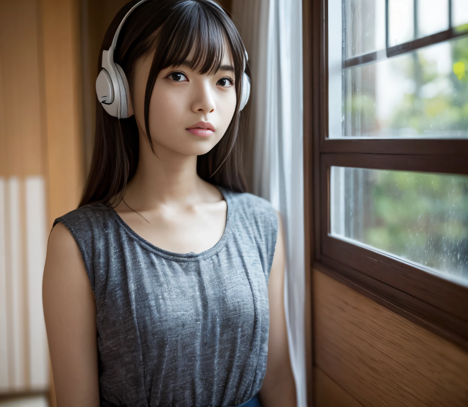 "A 1600s setting transformed into a cyberpunk city as if from a sci-fi movie, it's raining, night, in a slightly dim room there's a single Japanese girl, 20 years old with black hair, she's smoking, outside the window there's a full moon, chill atmosphere, Disney-like touch, wearing headphones, the room is about 4 tatami mats in size."