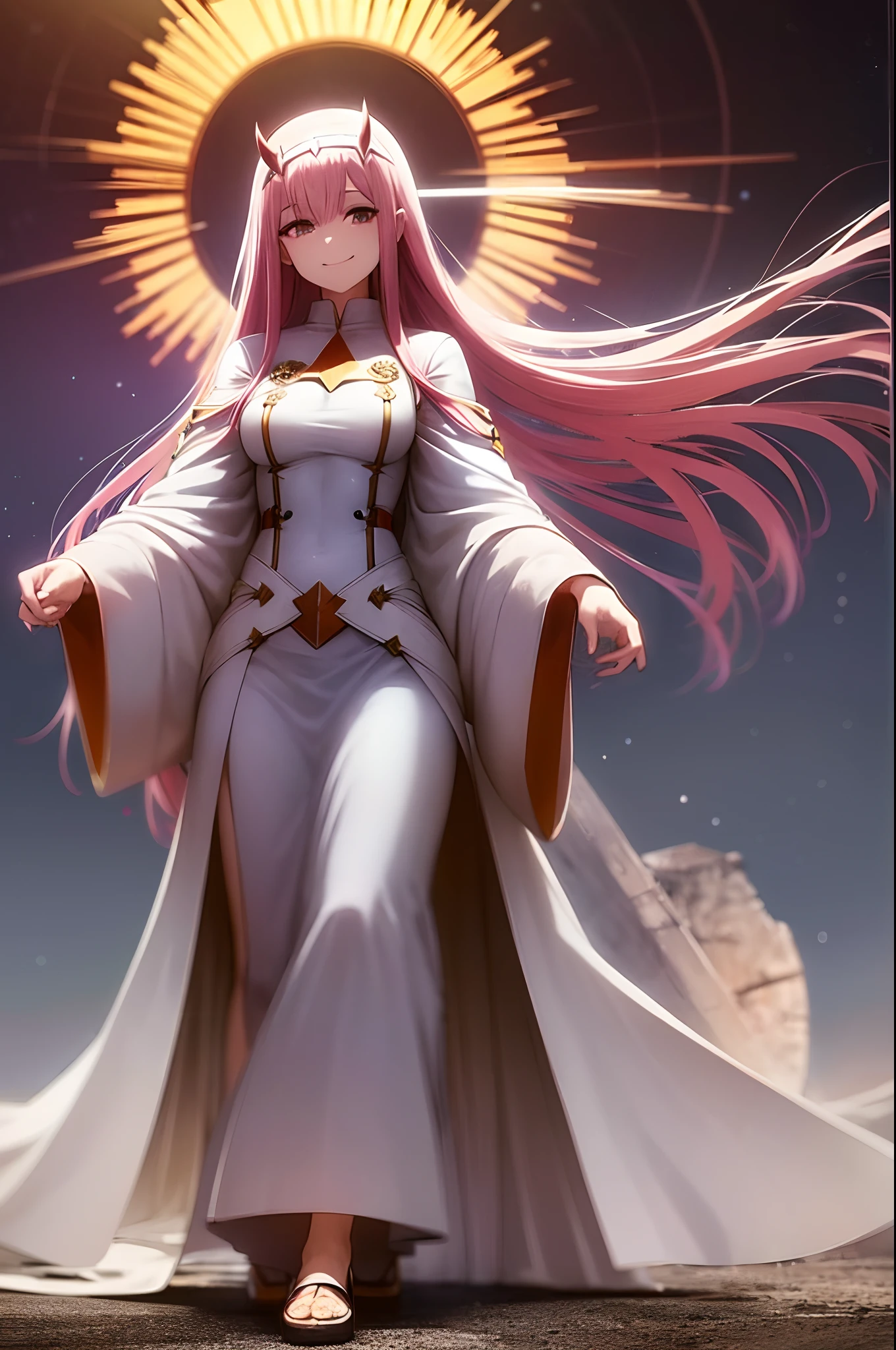 zero two, dress, sun halo, holy, smile,,, medium breast, priestess, full body, walking, divine aura, sun halo, solar halo, long skirt