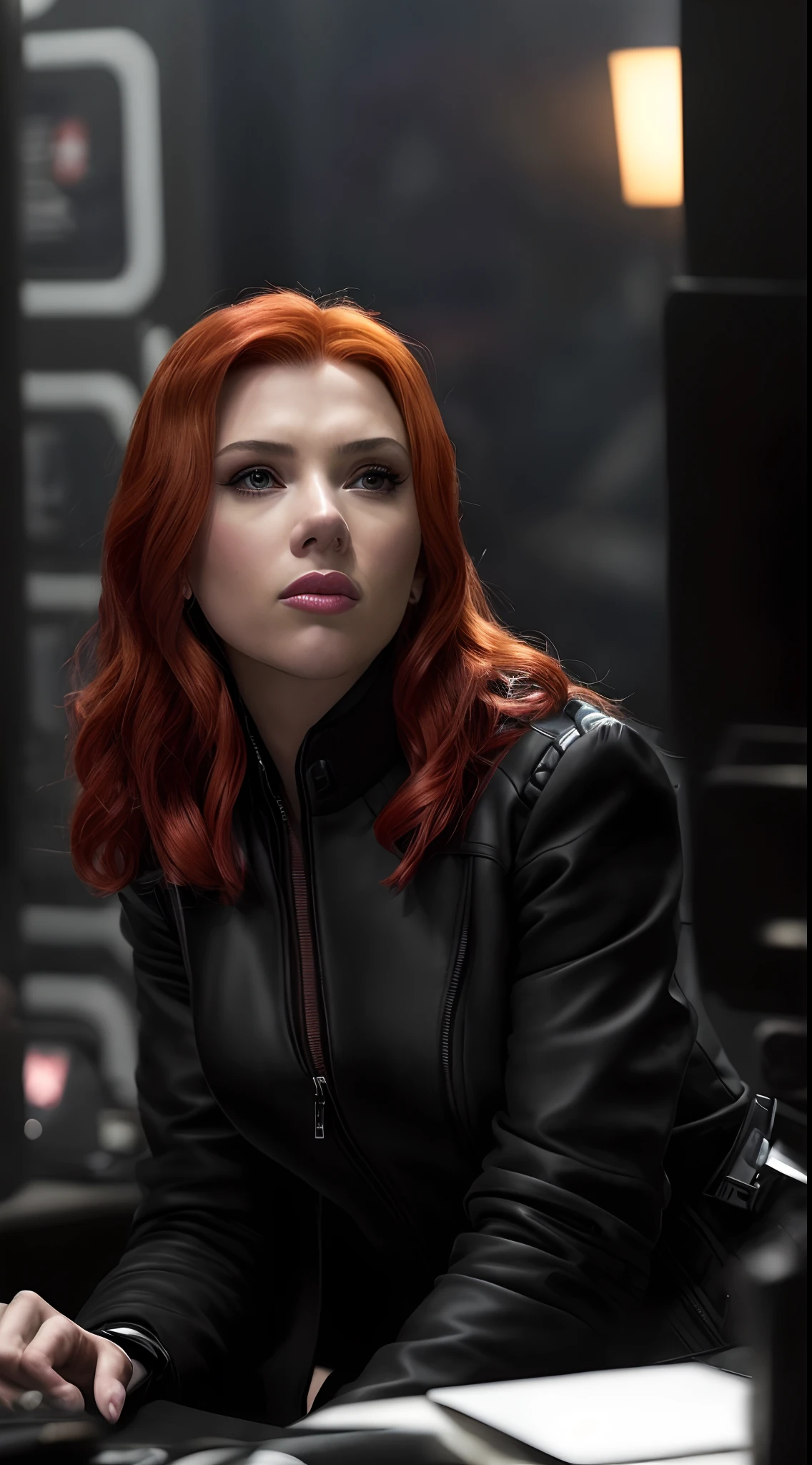 a close up of a woman in a black jacket sitting on a desk, scarlett johansson black widow, black widow, scarlet johansson, elizabeth olsen as black widow, scarlett johanson, scarlett johansson, scarlet johansen, scarlett hooft, medium close - up ( mcu ), emma watson as black widow, she has red hair, scarlett johansson as thanos, angry scarlett johansson