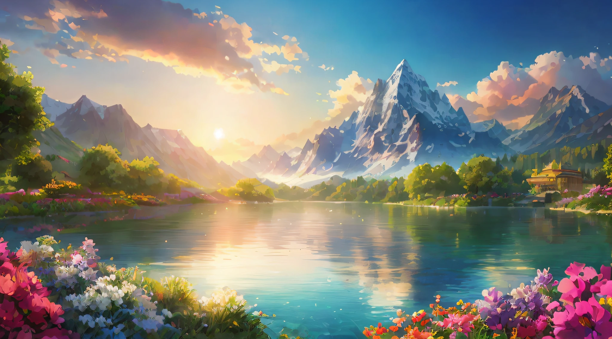 a beautiful mountain scene with flowers and a lake in the foreground, anime landscape wallpaper, anime beautiful peace scene, beautiful art uhd 4 k, beatiful mountain background, epic beautiful landscape, majestic nature scenery, scenery wallpaper, landscape wallpaper, very beautiful scenery, beautiful anime scenery, 4 k hd wallpaper very detailed, beautiful landscape, detailed scenery —width 672