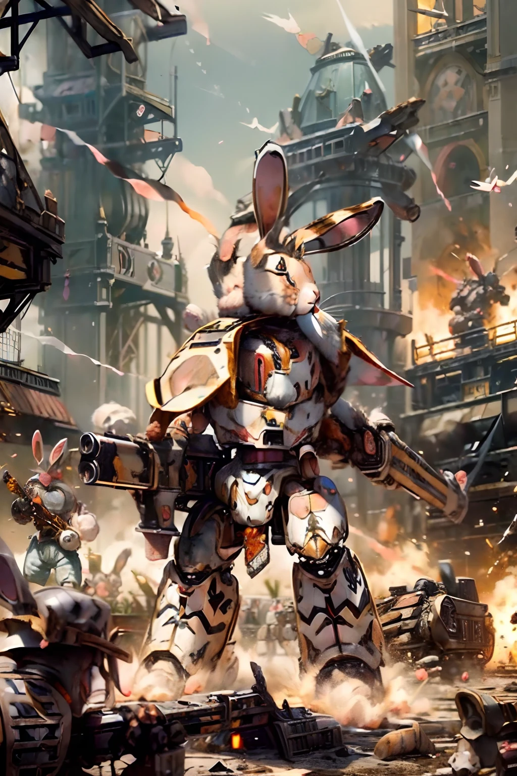 Warhound Photos, (Rabbit:1.8), gun, opening fire, the chaos, Body of white, Skalucci, Black Colorway, Shoulder Cannon, arm cannon, Gatling gun, Damaged, Giant gun, In the background, opening fire, army, buttle, In the midst of the siege, big explosion, titan、 warhound、 warlord、 reaver、 emperor、