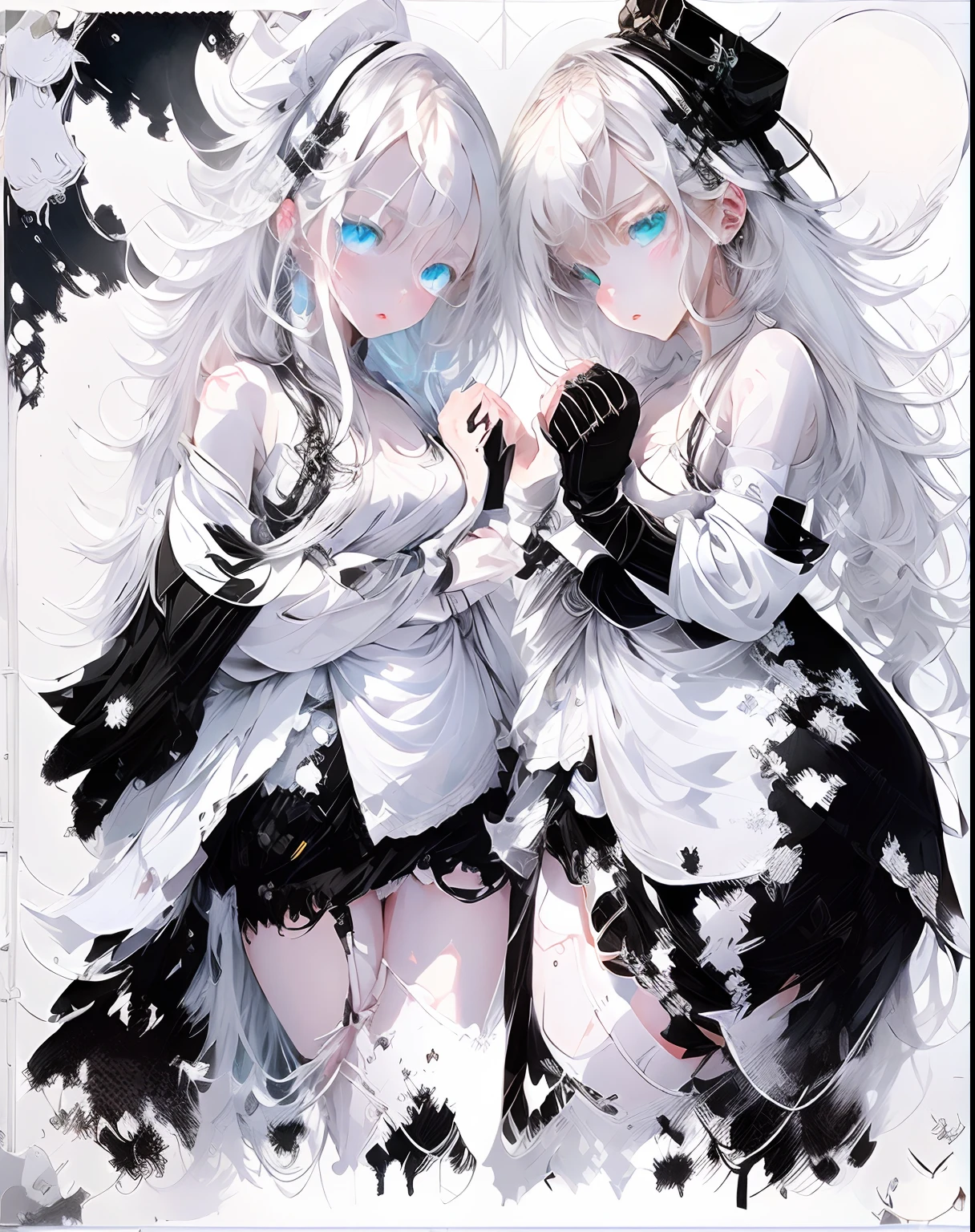 white hair, messy hair, long hair, (expressive eyes, green eyes, glowing eyes),[(white background:1.9)::0.9], [(transparent background:1.3)::5],Witch hat,
\\
masterpiece,best quality,flat color,offical art,white theme,(ultra-detailed),(illustration),ink and wash painting,blue eyes,cold face,looking_at_viewer,1 girl,solo,[(white hair:1.2):(blue hair:1.2):0.5],long hair,wavy hair,bare shoulder,((cold expression)),black chinese dress,black skirt,cute face,white stocking,blue_ inner_hair,shawl,thighs,anklet,femoral ring,(put hands in the pocket:1.4),