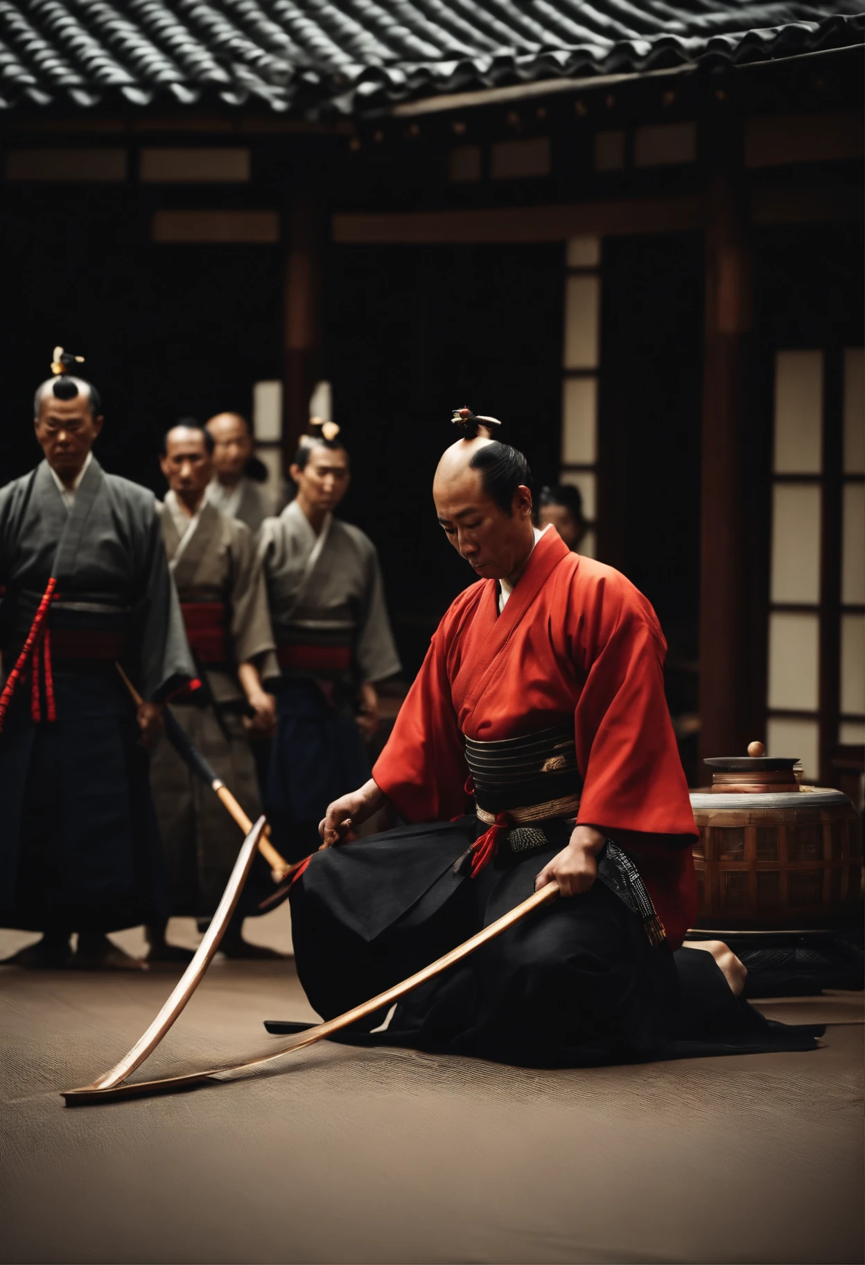 photograph of the Seppuku ceremony, with a samurai practicing the ritual in an honorable way to regain his dignity
