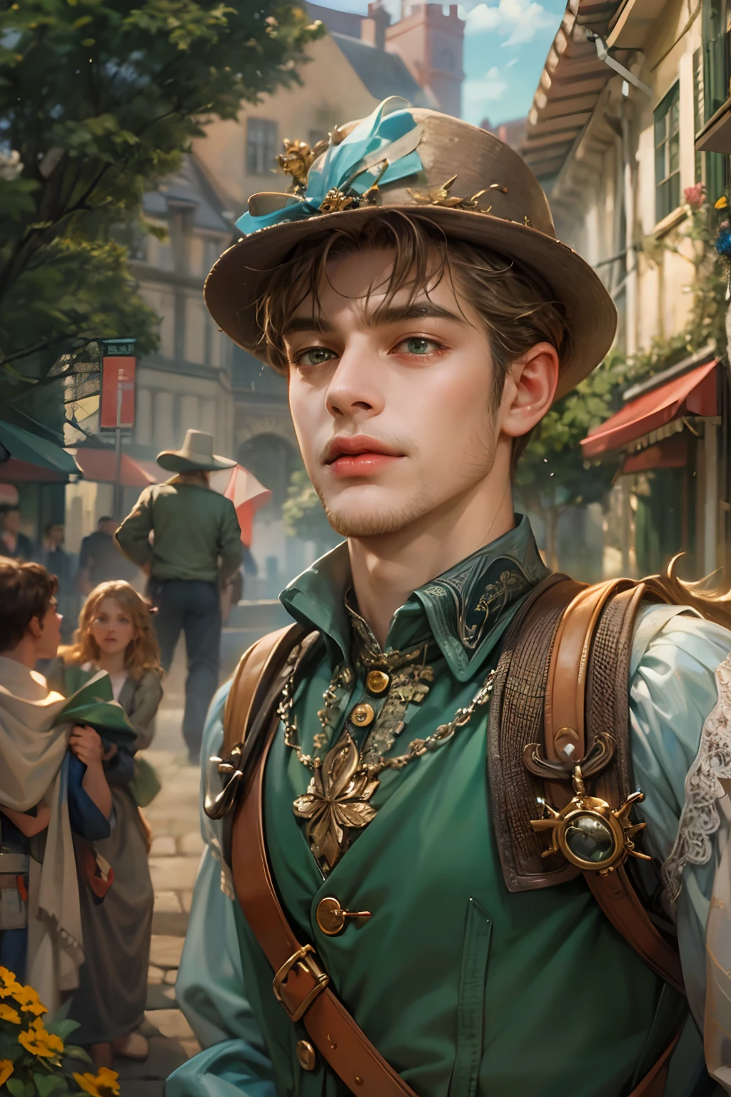 (absurdres, highres, ultra detailed, HDR), masterpiece, best quality, wizard of oz character, handsome young hero wearing detailed headgear, detailed face, handsome face, strolling at the town , detailed character, detailed outdoor