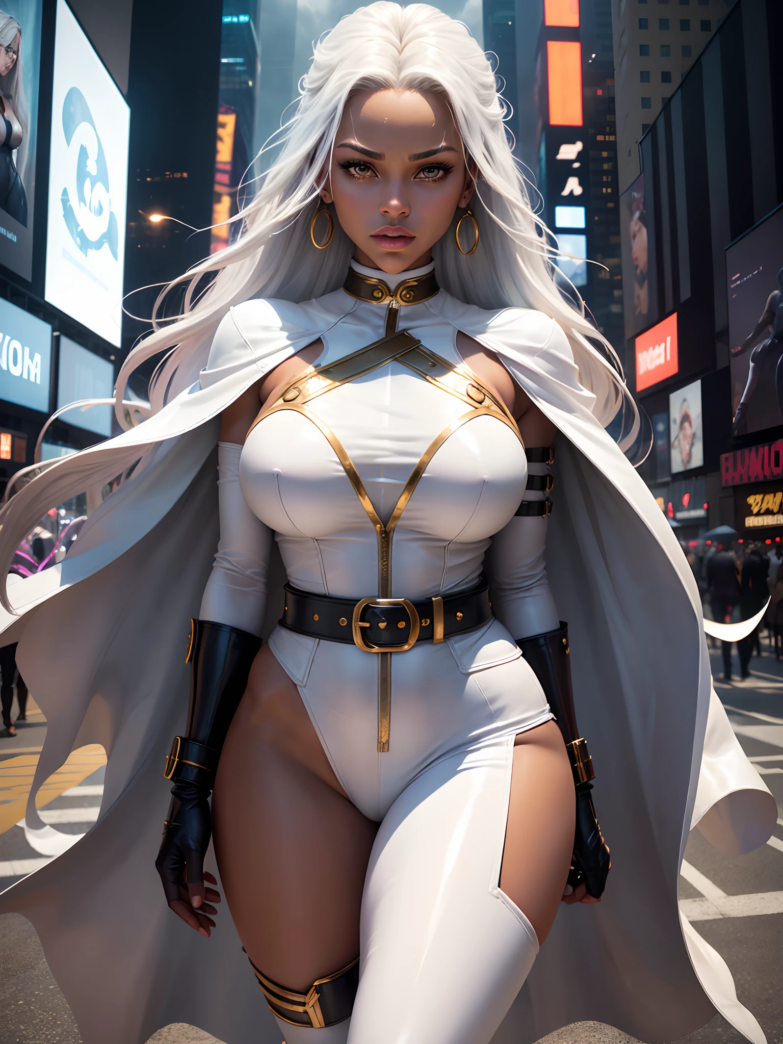 (New York: 1.4), (Time Square: 1.3), (Day with Thunderstorm and Lightning: 1.5), Storm, also known as Ororo Munroe, is a Marvel character with a remarkable appearance. She is a dark-skinned woman with a beautiful face and perfect features, with bright white eyes and long silver hair that flows like a storm. Its height and size are impressive, conveying a majestic presence.
Her iconic costume consists of a white leather outfit that clings to her body, accentuating her curves, with gold details including a high collar and long gloves and a gold belt. She wears a cape that extends to her ankles, reminiscent of the clouds of a gathering storm. Storm also sports dangling earrings and a gold belt. Her clothing evokes a balance between elegance and power, reflecting her ability to control the natural elements, especially the weather.
(Slim body: 1.5), (White shiny leather clothing: 1.5), (Average breasts: 1.3), (Hanging breasts: 1.3), (Full breasts: 1.3), (Realism: 1.5), (Realisitc: 1.4) , (Absurdity:1.4), 8k, ultra-detailed, detailed beautiful woman, (only:1.4) , 1girl, (Viewer facing:1.2), (Day with storm and lightning: 1.5), Intricate body details, (Curvy :1.3),(short:1.3)