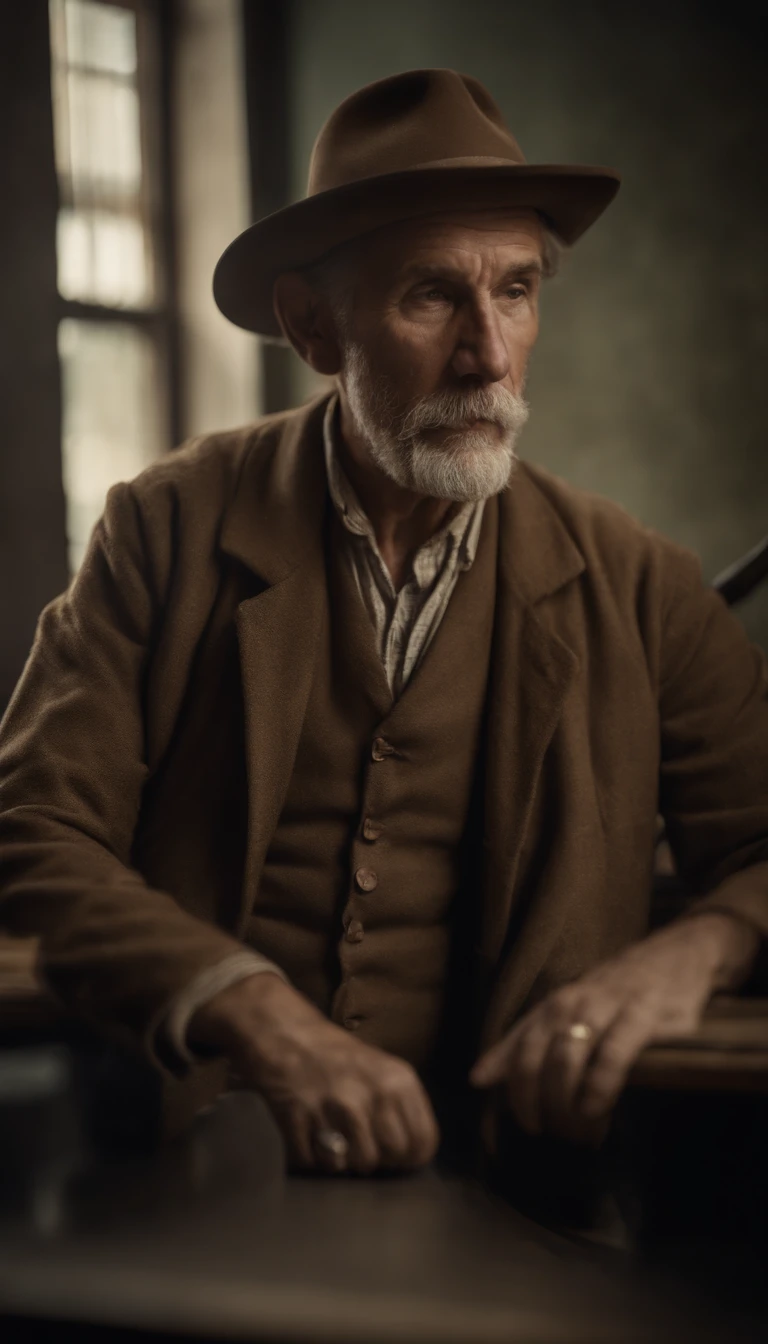 a man in old farmer's clothes and hat, in a bank branch