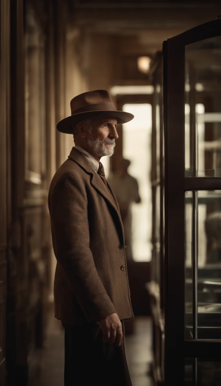 a man in old farmer's clothes and hat, in a bank branch
