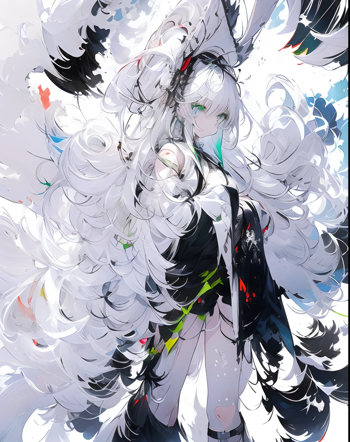 white hair, messy hair, long hair, (expressive eyes, green eyes, glowing eyes),[(white background:1.9)::0.9], [(transparent background:1.3)::5],Witch hat,
\\
masterpiece,best quality,flat color,offical art,white theme,(ultra-detailed),(illustration),ink and wash painting,blue eyes,cold face,looking_at_viewer,1 girl,solo,[(white hair:1.2):(blue hair:1.2):0.5],long hair,wavy hair,bare shoulder,((cold expression)),black chinese dress,black skirt,cute face,white stocking,blue_ inner_hair,shawl,thighs,anklet,femoral ring,(put hands in the pocket:1.4),