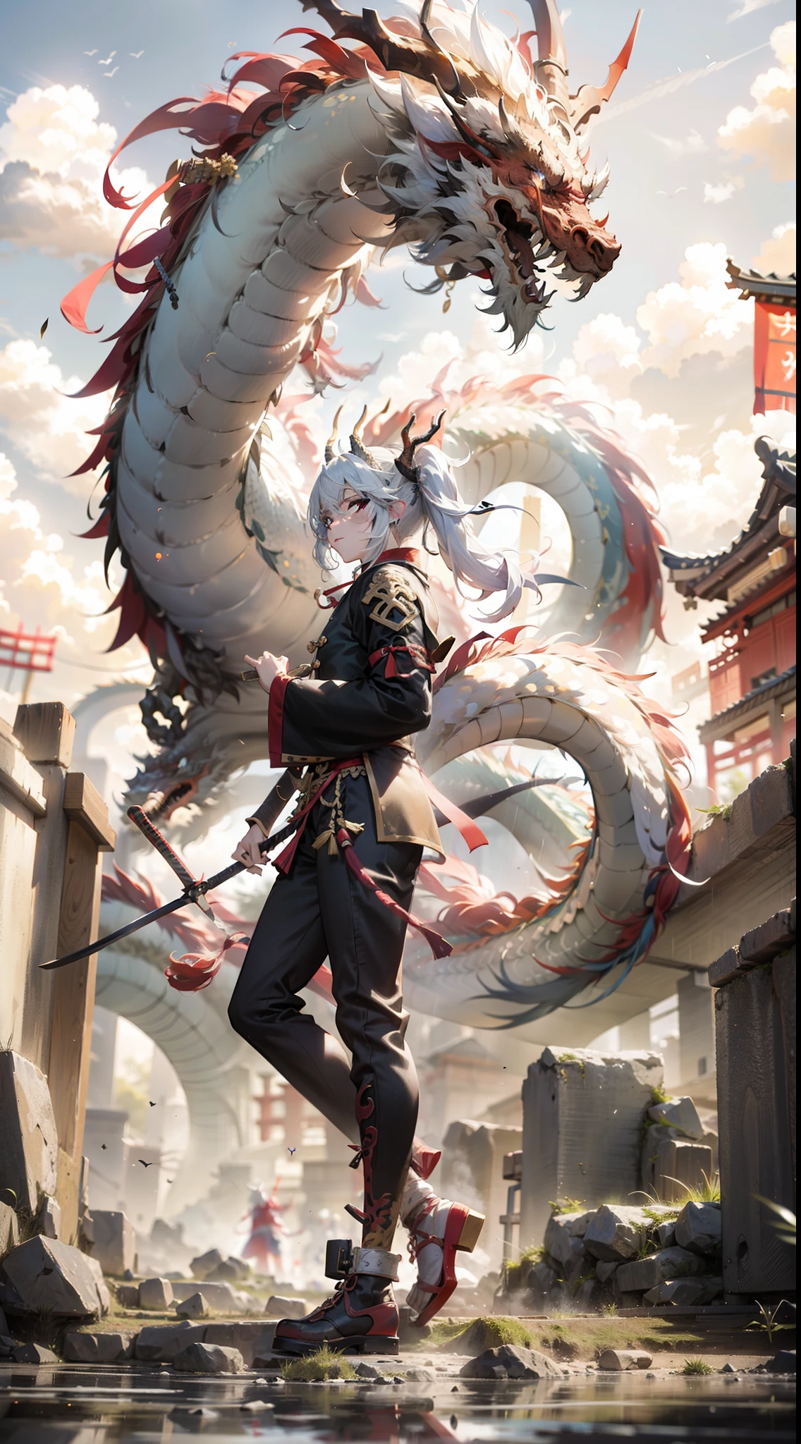chinese dragon, sword, holding, holding weapon, 1boy, long hair, cloud, standing, holding sword, architecture, reflection, blood, east asian architecture, male focus, sky, ponytail, White hair, katana, outdoors, pants, fire, cloudy sky, horns, japanese clothes, bandages, sheath, looking at viewer, mask, solo, night sky, full moon