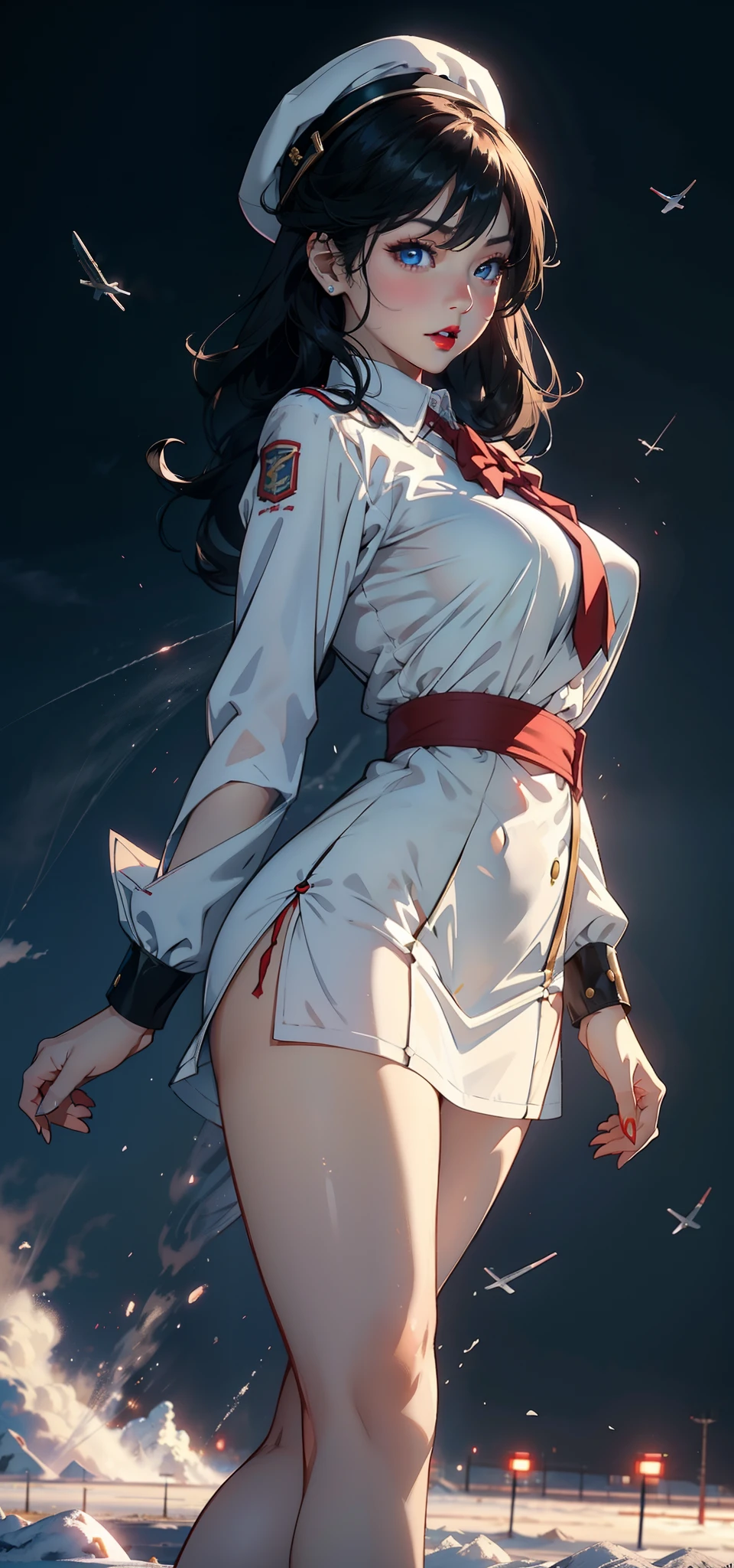 1womanl,33yo,熟妇,Bigchest,Raised sexy,Pornographic exposure, 独奏,Beauty contests,standing on your feet(Background with:aerodrome,snow mountains,Planes,at winter season,Blizzarding,Big snowflakes)in an airplane, She has short black hair,bobo head,Redlip,裸体少女,dynamicposes,seen from the front, hair straight, mostly cloudy sky,(((tmasterpiece),(Very detailed CG unity 8K wallpaper),best qualtiy,cinmatic lighting,detailed back ground,beatiful detailed eyes,Bright pupils,(Very fine and beautiful),(Beautiful and detailed eye description),Blue eyes,Redlip,ultra - detailed,tmasterpiece,)),facing at camera,(The upper part of the body),A high resolution,ultra - detailed),revealing breasts,Bare genitalia, Bulge,legs are open,sexyposture,Camel toes,Flushed complexion,Open-mouthed,frontage,stewardess,beret(Wearing:White transparent flight attendant uniform,Large colored bow tie,Sexy black miniskirt)