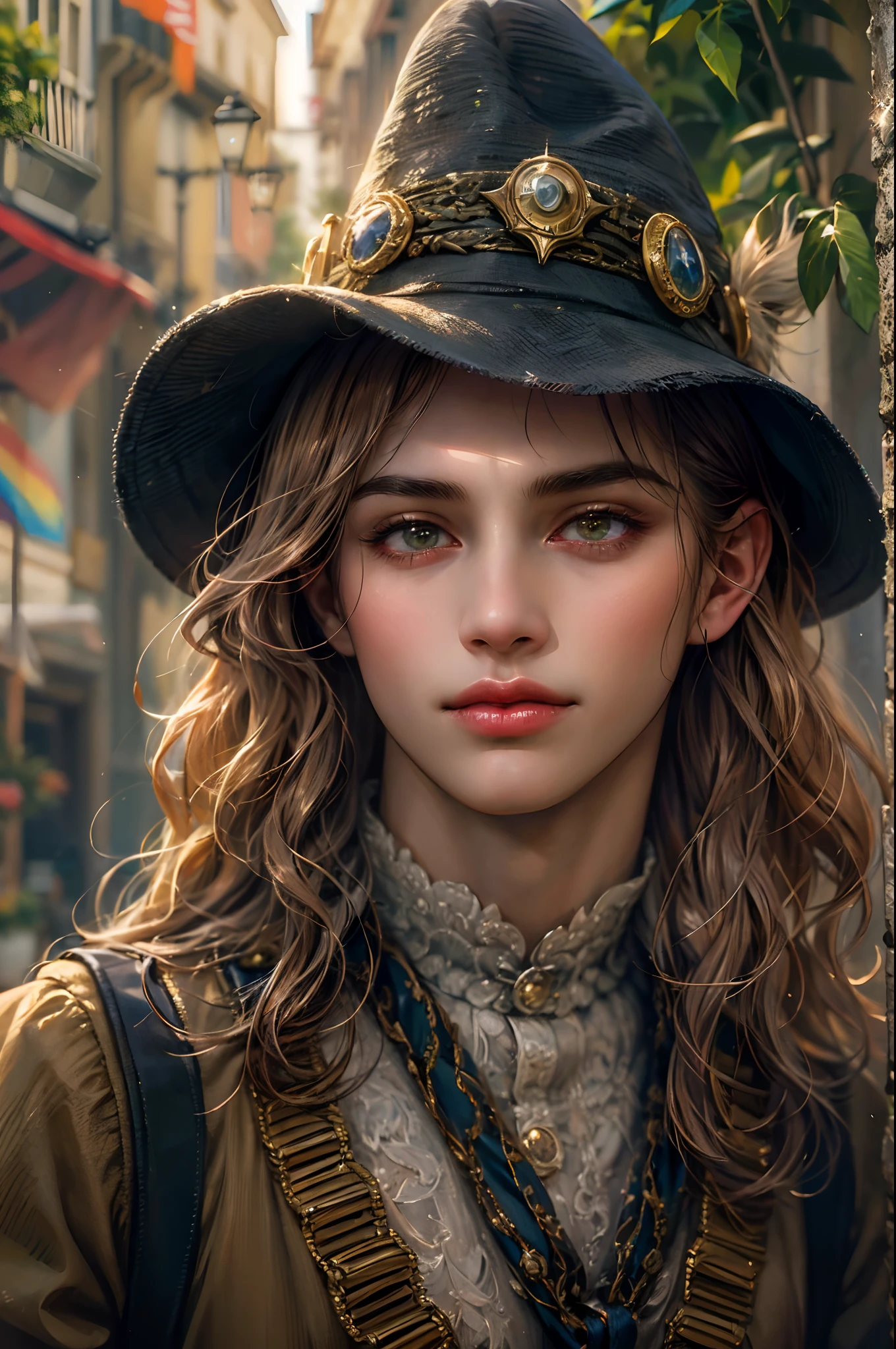 (absurdres, highres, ultra detailed, HDR), masterpiece, best quality, wizard of oz character, handsome young hero wearing detailed hat, detailed face, handsome face, strolling at the town , detailed character, detailed outdoor