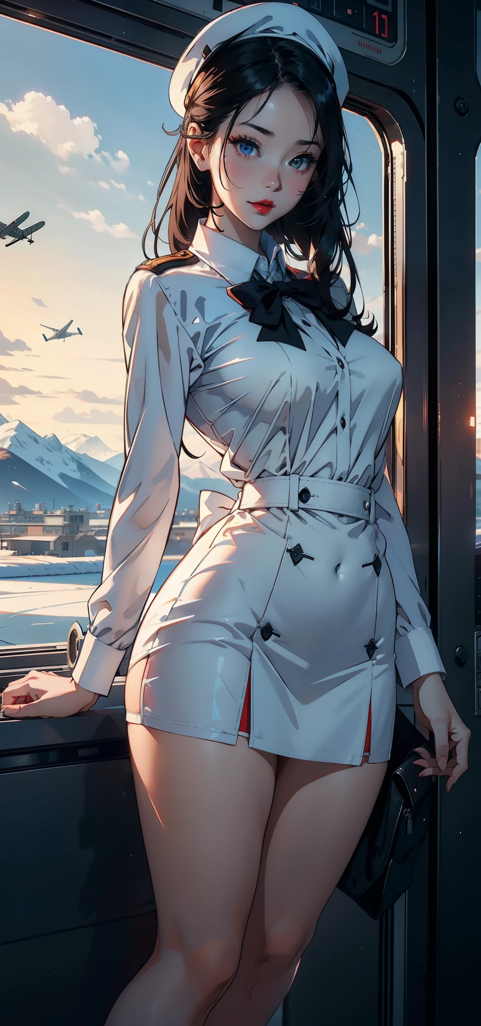 1womanl,33yo,熟妇,Bigchest,Raised sexy,Pornographic exposure, 独奏,Beauty contests,standing on your feet(Background with:aerodrome,snow mountains,Planes,at winter season,Blizzarding,Big snowflakes)in an airplane, She has short black hair,bobo head,Redlip,裸体少女,dynamicposes,seen from the front, hair straight, mostly cloudy sky,(((tmasterpiece),(Very detailed CG unity 8K wallpaper),best qualtiy,cinmatic lighting,detailed back ground,beatiful detailed eyes,Bright pupils,(Very fine and beautiful),(Beautiful and detailed eye description),Blue eyes,Redlip,ultra - detailed,tmasterpiece,)),facing at camera,(The upper part of the body),A high resolution,ultra - detailed),revealing breasts,Bare genitalia, Bulge,legs are open,sexyposture,Camel toes,Flushed complexion,Open-mouthed,frontage,stewardess,beret(Wearing:White transparent flight attendant uniform,Large colored bow tie,Sexy black miniskirt)