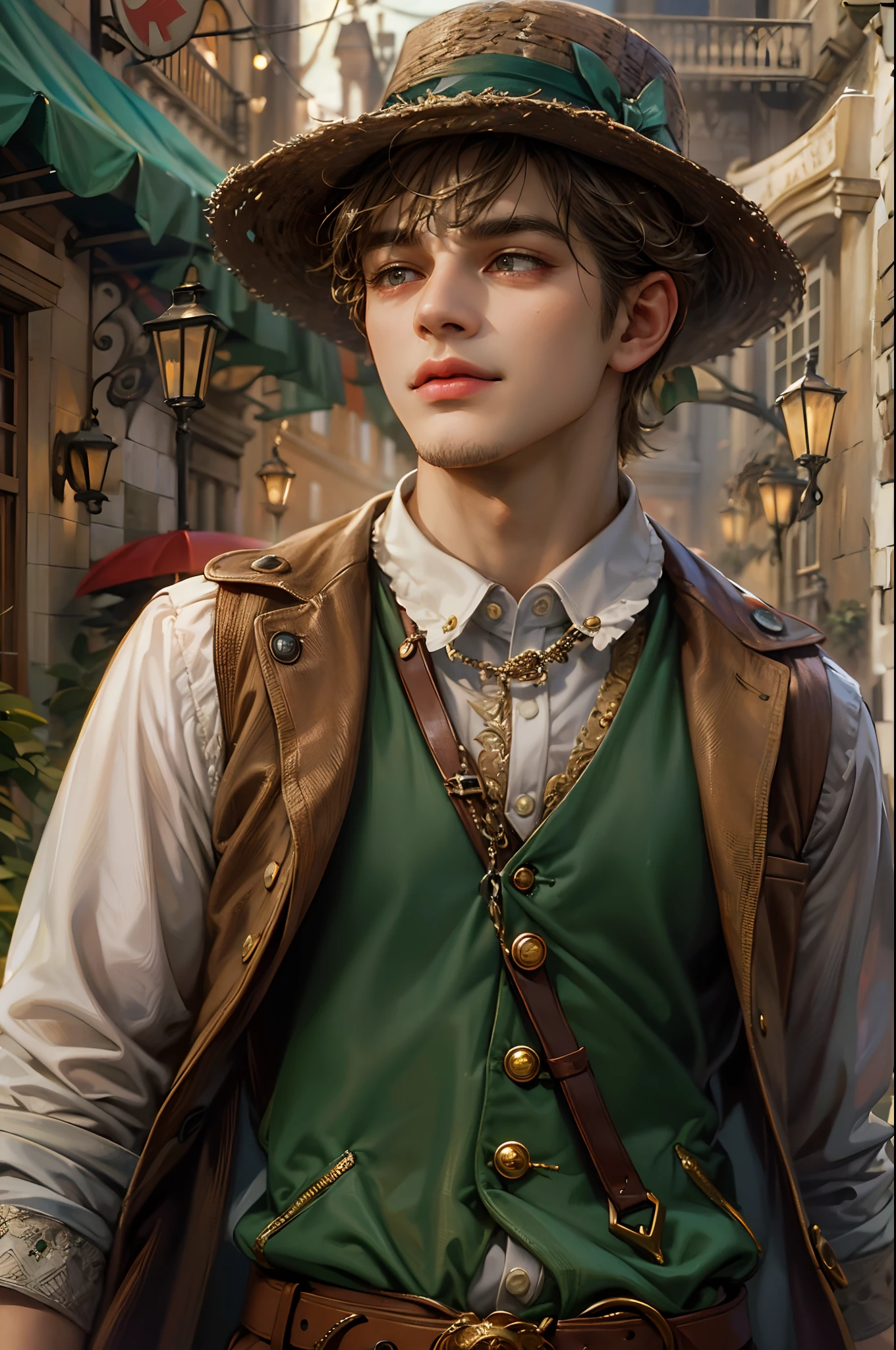 (absurdres, highres, ultra detailed, HDR), masterpiece, best quality, wizard of oz character, handsome young hero wearing detailed hat, detailed face, handsome face, strolling at the town , detailed character, detailed outdoor