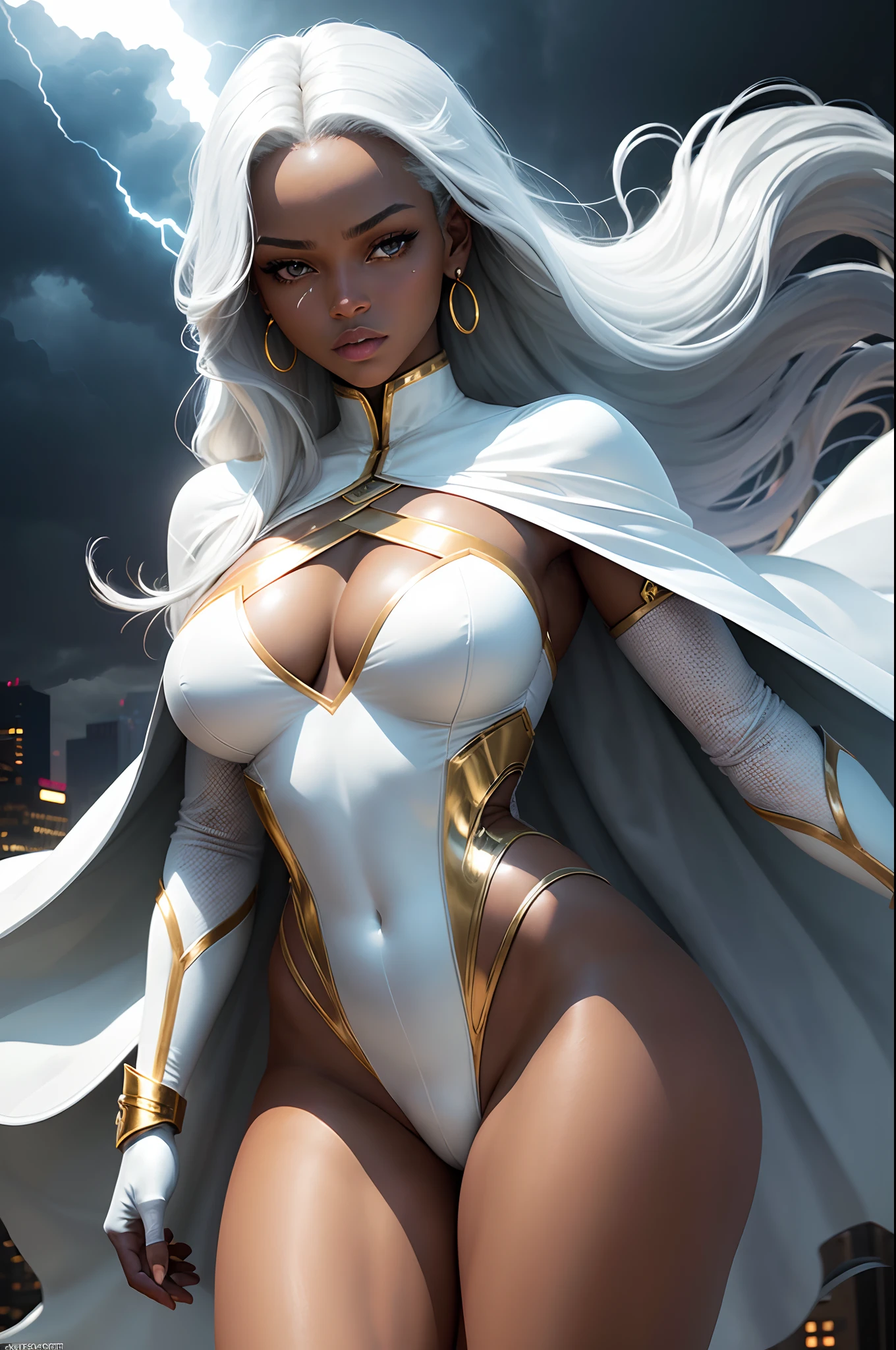 (Dark Skin: 1.6), (New York: 1.4), (Time Square: 1.3), (Day with Thunderstorm and Lightning: 1.5), Storm, also known as Ororo Munroe, is a Marvel character with a remarkable appearance. She is a dark-skinned woman with a beautiful face and perfect features, with bright white eyes and long silver hair that flows like a storm. Its height and size are impressive, conveying a majestic presence.
Her iconic costume consists of a white leather outfit that clings to her body, accentuating her curves, with gold details including a high collar and long gloves. She wears a cape that extends to her ankles, reminiscent of the clouds of a gathering storm. Storm also sports dangling earrings and a gold belt. Her clothing evokes a balance between elegance and power, reflecting her ability to control the natural elements, especially the weather.
(athletic body: 1.5), (White shiny coru leotard clothing: 1.5), (average breasts: 1.3), (hanging breasts: 1.3), (full breasts: 1.3), (realism:1.5), (Realisitc:1.4), (Absurdity:1.4), 8k, ultra-detailed, detailed beautiful woman, (only:1.4), 1girl, (Viewer facing:1.2), (Day with storm and lightning: 1.5), Intricate body details, (Curvy: 1.3),(short:1.3)