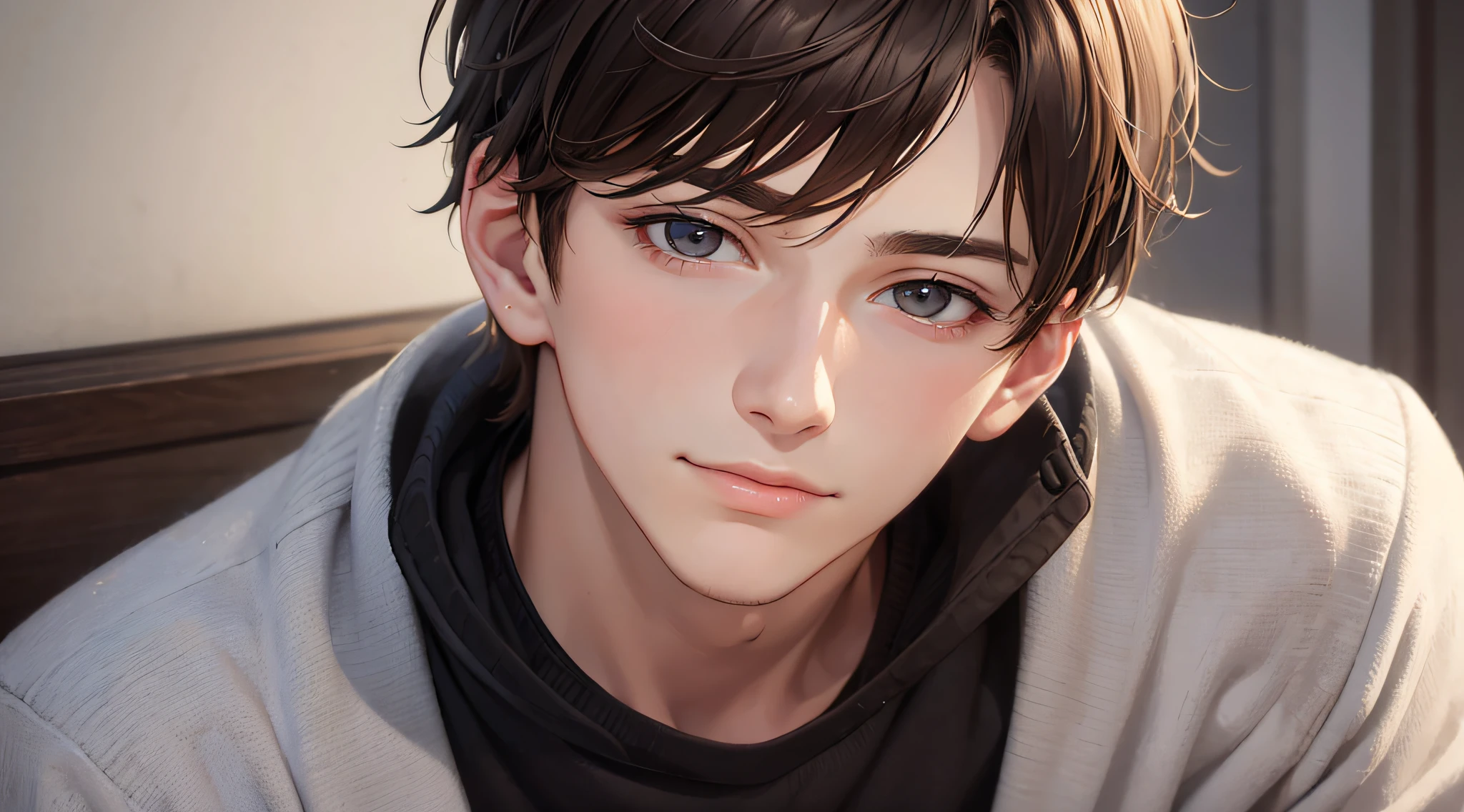 Boy, Adults, slanted eyes, ignorant, long sleave t shirt,Fist touches chin,Hands are clearly visible