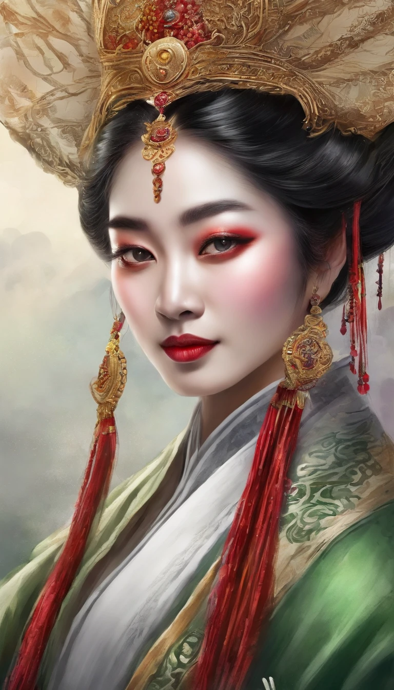 China ink painting,water ink,ink,Smudge,China-style,Chinese drama,Peking Opera costumes,Purple theatrical costumes,Drama Facebook,Green face,中景 the scene is,super-fine,ultra - detailed,high qulity,8K ,Sharply focus the eyes,中景 the scene is,Full body like, highly detailed surreal vfx,oc rendered