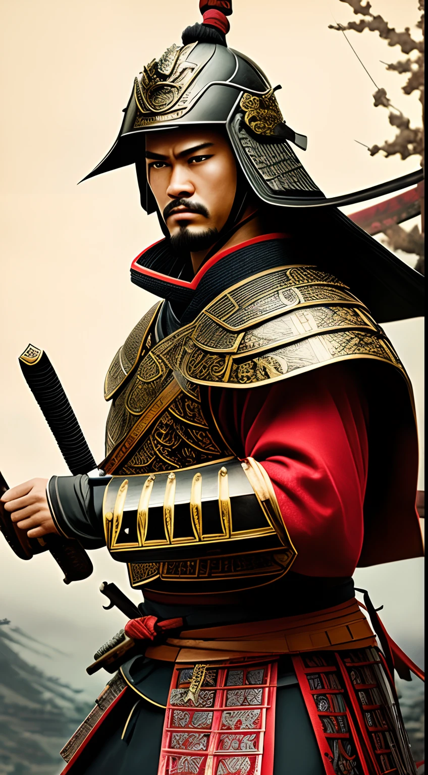 a Japanese samurai,sharp blade,battlefield,determination,serenity,traditional armor,ornate helmet,exquisite katana,stoic expression,deep focus,subtle lighting,authentic samurai pose,ancient warrior,confident gaze,detailed armor craftsmanship,dramatic atmosphere,controlled strength,warrior's spirit,meticulous attention to detail,powerful presence,masterful swordsmanship,aura of honor,courage in the face of adversity,resolute determination,poised and focused,calm and composed,skilled combatant,unyielding resolve,powerful symbolism,legendary figure,skillful warrior,traditional Japanese setting,traditional battle formation,background of war-devastated landscape,Edo period influence,vivid colors of the costume,respectful homage to samurai tradition,grandiose and impactful composition,authentic representation of samurai ethos. (best quality,4k,highres,ultra-detailed,realistic:1.2),traditional art style,portrait