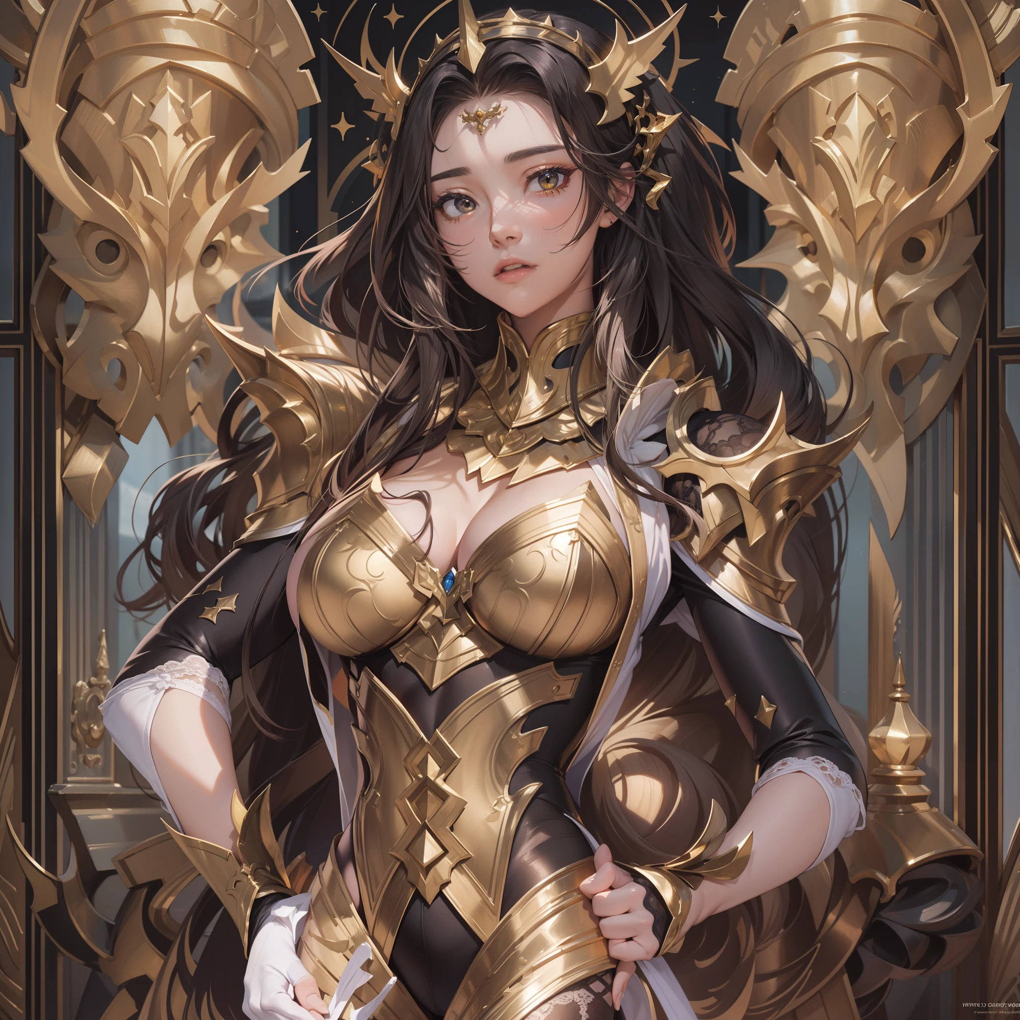 ((Masterpiece, Highest quality)), Detailed face, CharacterDesignSheet， full bodyesbian, Full of details, Multiple poses and expressions, Highly detailed, Depth, Many parts，Beautiful paladin girl，extremely beautiful，High Balance, Natural light, Lace，lacepantyhose，Gold and Black，starrysky，Star decoration