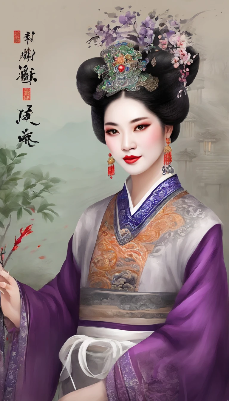China ink painting,water ink,ink,Smudge,China-style,Chinese drama,Peking Opera costumes,Purple theatrical costumes,Drama Facebook,Green face,中景 the scene is,super-fine,ultra - detailed,high qulity,8K ,Sharply focus the eyes,中景 the scene is,Full body like,oc rendered