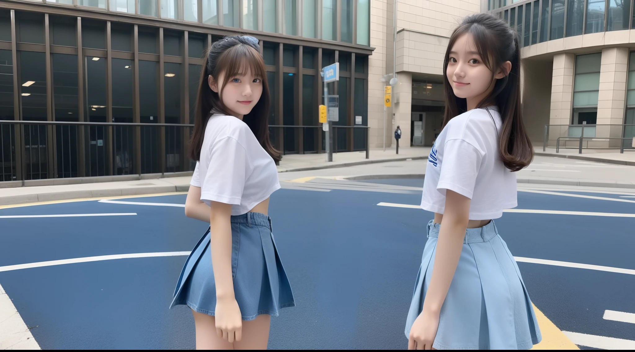 18-year-old high school girl wearing a light blue miniskirt(Turn around)