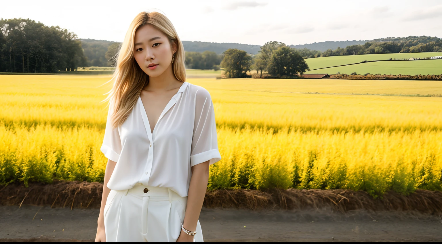 RAW photo, face portrait photo of Soo-Hyun Sang as a model , full body , model pose , cute face , blonde hairs , white skin , sexy black clothes ,as a model , don't looking at the camera , look right side , hard shadows, cinematic shot, dramatic lighting , farm , in new zelando , as a fashion woman, new clothes , sexy clothes , posing , as a model