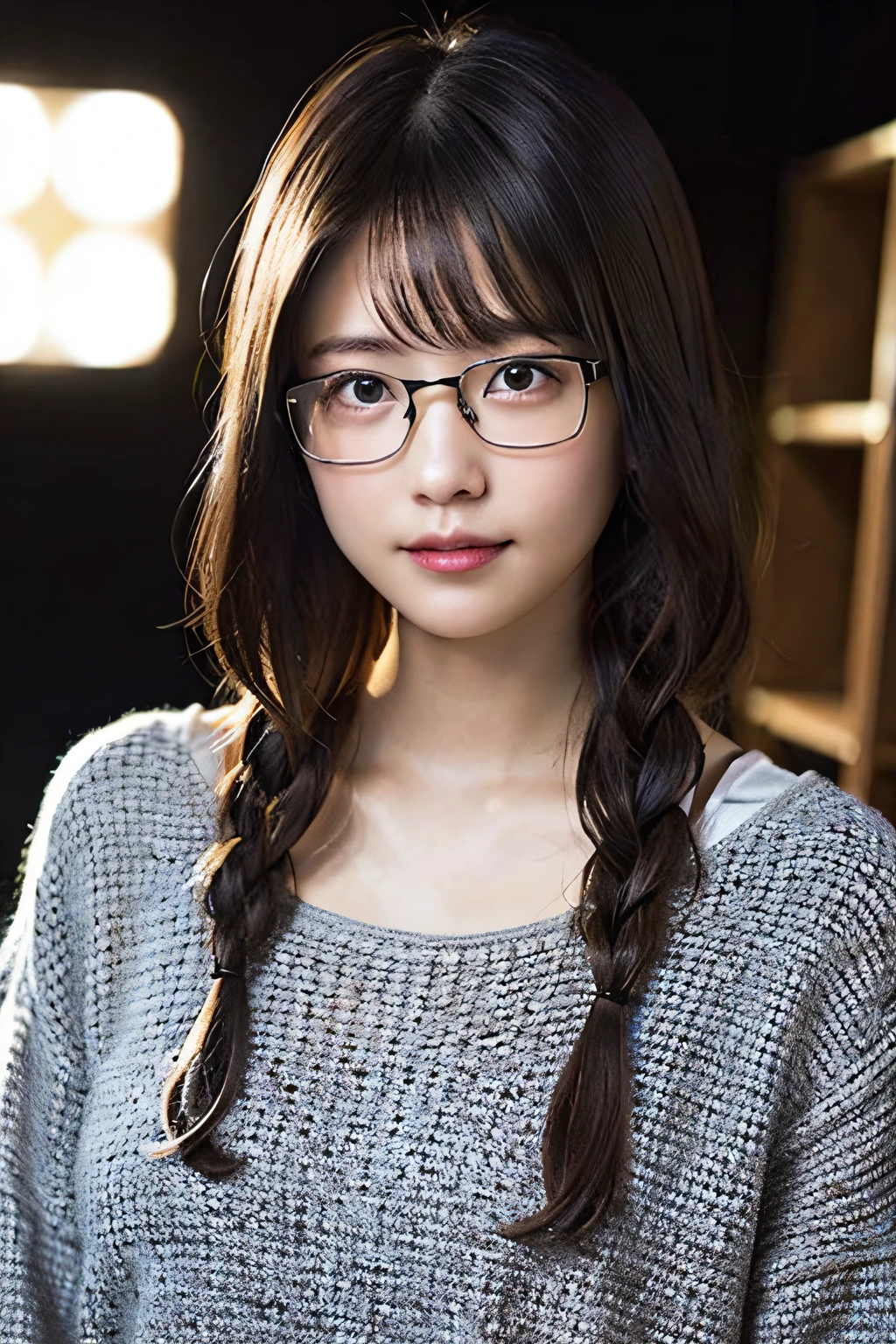 (8K、RAW photography、top-quality、tmasterpiece:1.2)、(hentail realism、Photorealsitic:1.37)、ultra - detailed、超A high resolution、1 rapariga、see the beholder、beautifull detailed face、A smile、shrinks、(Slim waist) :1.3)、white summer clothes、beautiful detailed skin、Skin texture、Floating hair、Braided hair、Professional lighting、In the classroom、((black square glasses )) 、full bodyesbian、Brown hair