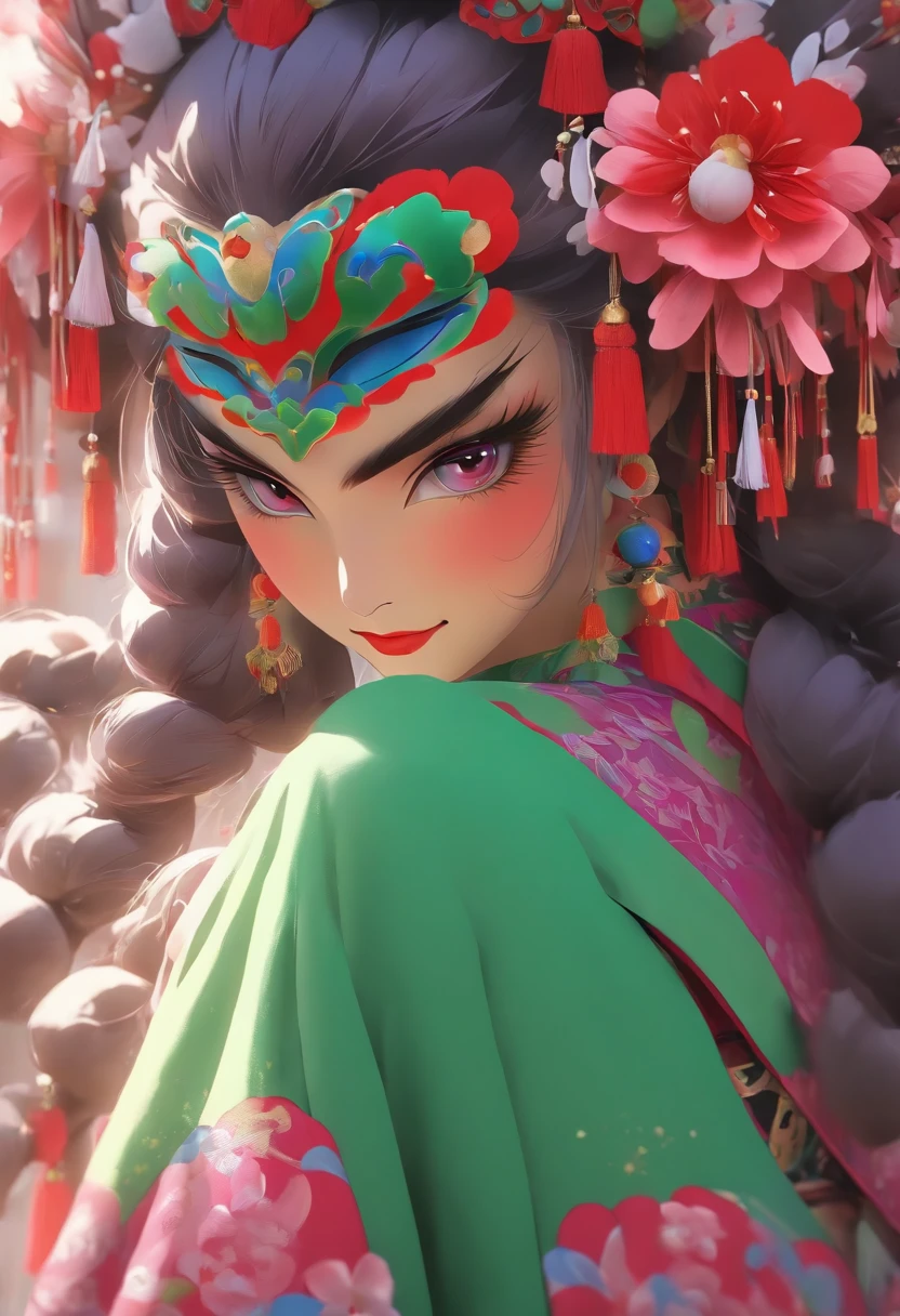 China-style，Chinese drama，Peking Opera costumes，Purple theatrical costume，Drama Facebook，green face，中景 the scene is，super-fine，ultra - detailed，high qulity，8K ，Sharply focus the eyes，highly detailed surreal vfx，oc rendered， - AR 16:9 --q 2 --s 1000