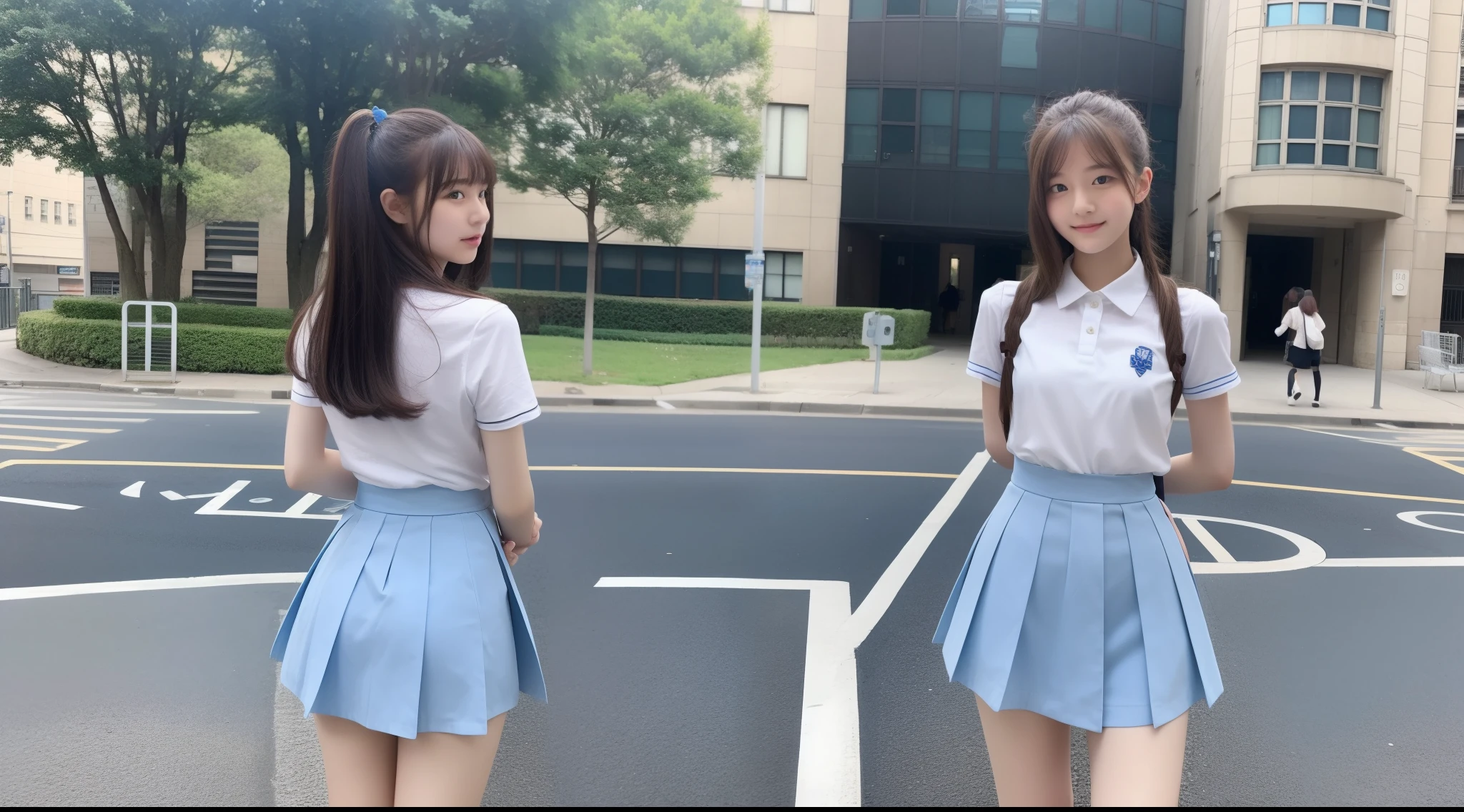 18-year-old high school girl wearing a light blue miniskirt(Turn around)