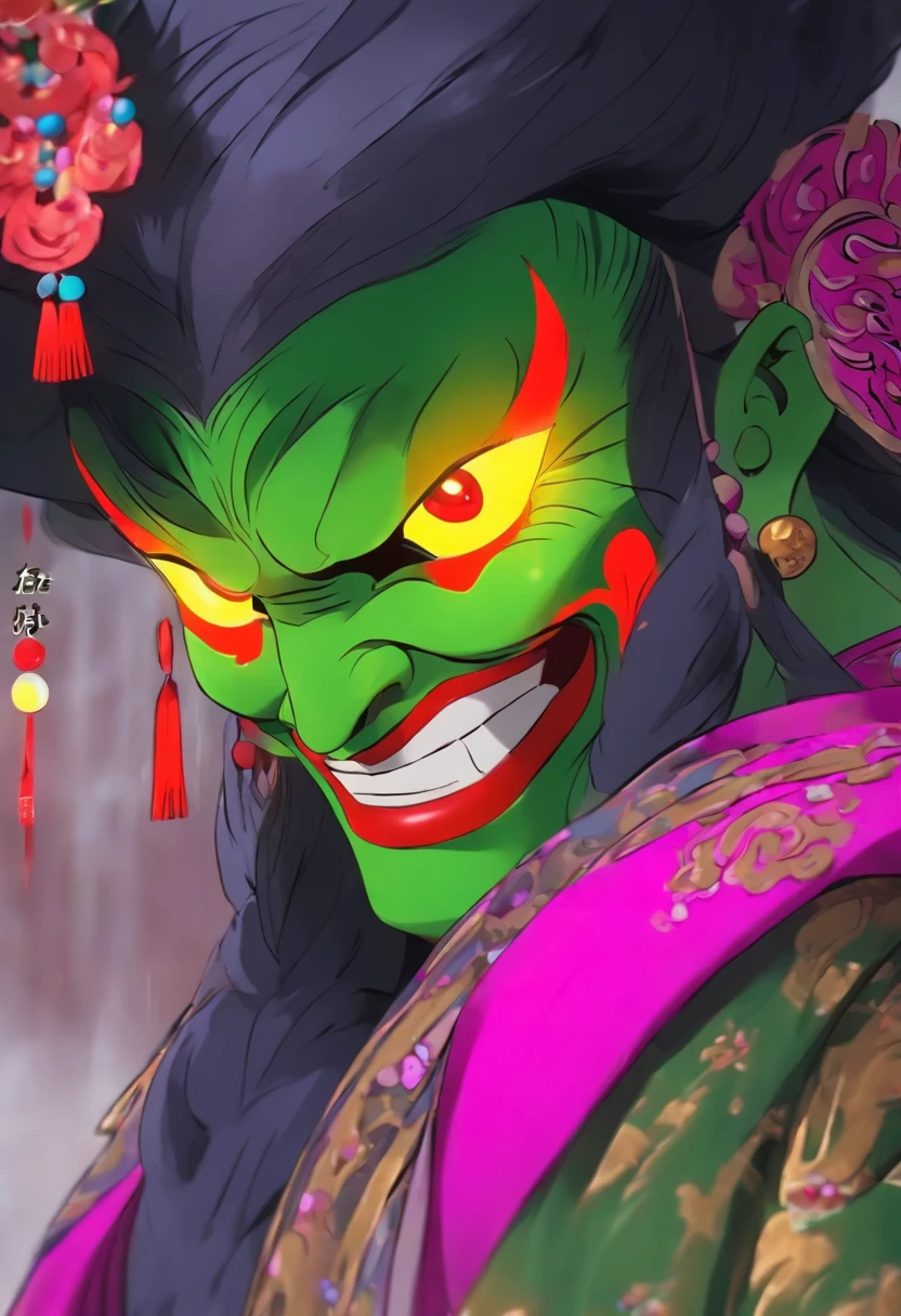 China-style,Chinese drama,Peking Opera costumes,Purple theatrical costume,Drama Facebook,green face,中景 the scene is,super-fine,ultra - detailed,high qulity,8K ,Sharply focus the eyes,highly detailed surreal vfx,oc rendered, - AR 16:9 --q 2 --s 1000