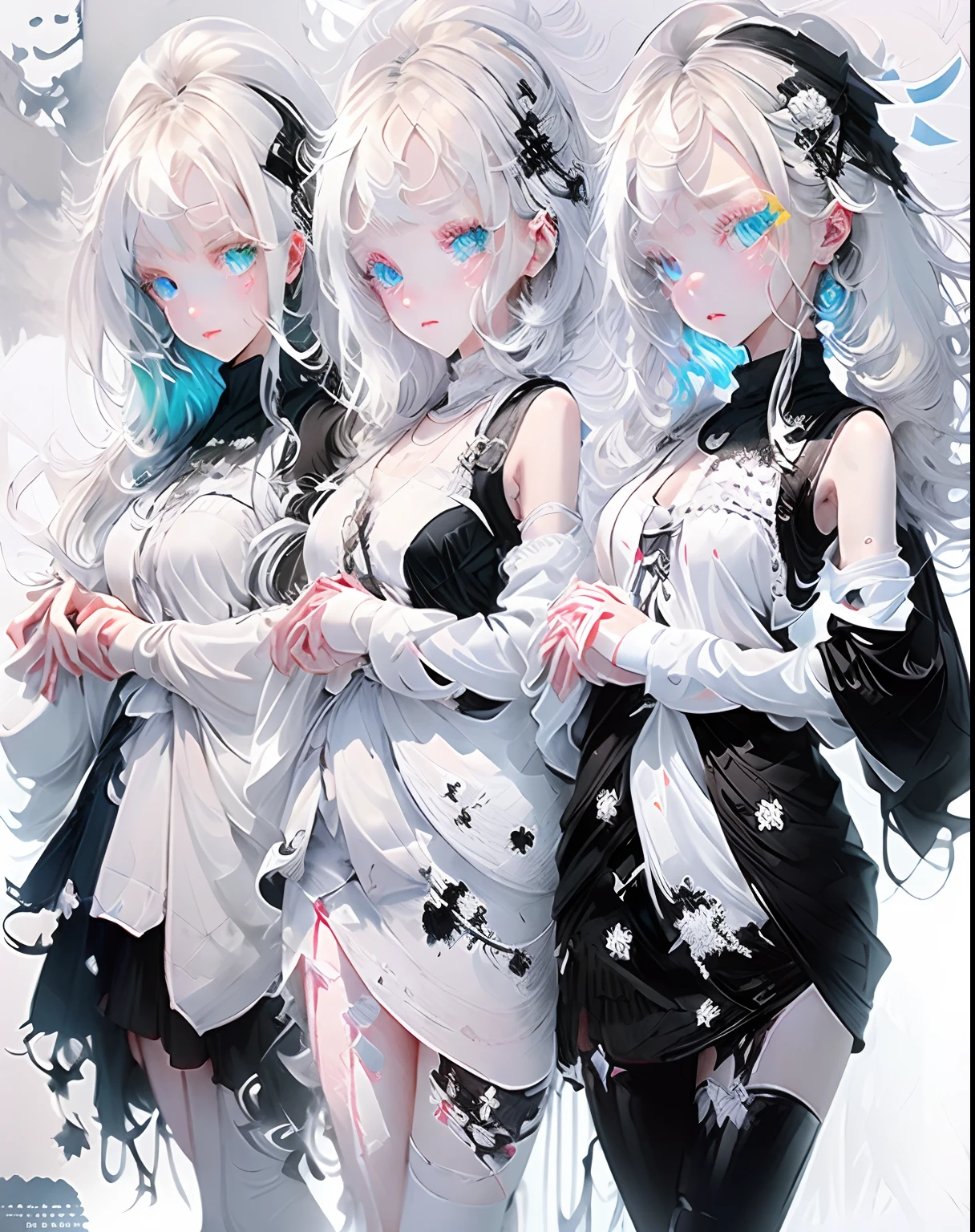 white hair, messy hair, long hair, (expressive eyes, green eyes, glowing eyes),[(white background:1.9)::0.9], [(transparent background:1.3)::5],Witch hat,
\\
masterpiece,best quality,flat color,offical art,white theme,(ultra-detailed),(illustration),ink and wash painting,blue eyes,cold face,looking_at_viewer,1 girl,solo,[(white hair:1.2):(blue hair:1.2):0.5],long hair,wavy hair,bare shoulder,((cold expression)),black chinese dress,black skirt,cute face,white stocking,blue_ inner_hair,shawl,thighs,anklet,femoral ring,(put hands in the pocket:1.4),
