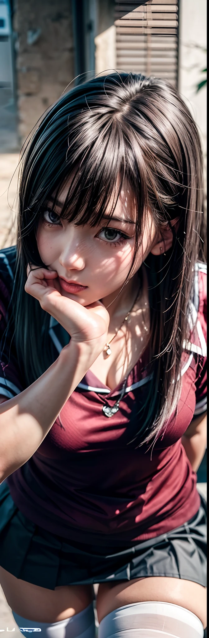 (Best quality, Ultra-detailed, Photorealistic:1.37), 3D anime style girl with green wavy curls, A girl with beautiful and delicate facial features and long eyelashes, Intense red eyes that reflect light, lusciouslips, Multi-colored crystal necklace, Black school uniform with short skirt, Clear black border thigh stockings, Perfect figure, full body shot of, Shot in ultra-wide angle anime style photography.